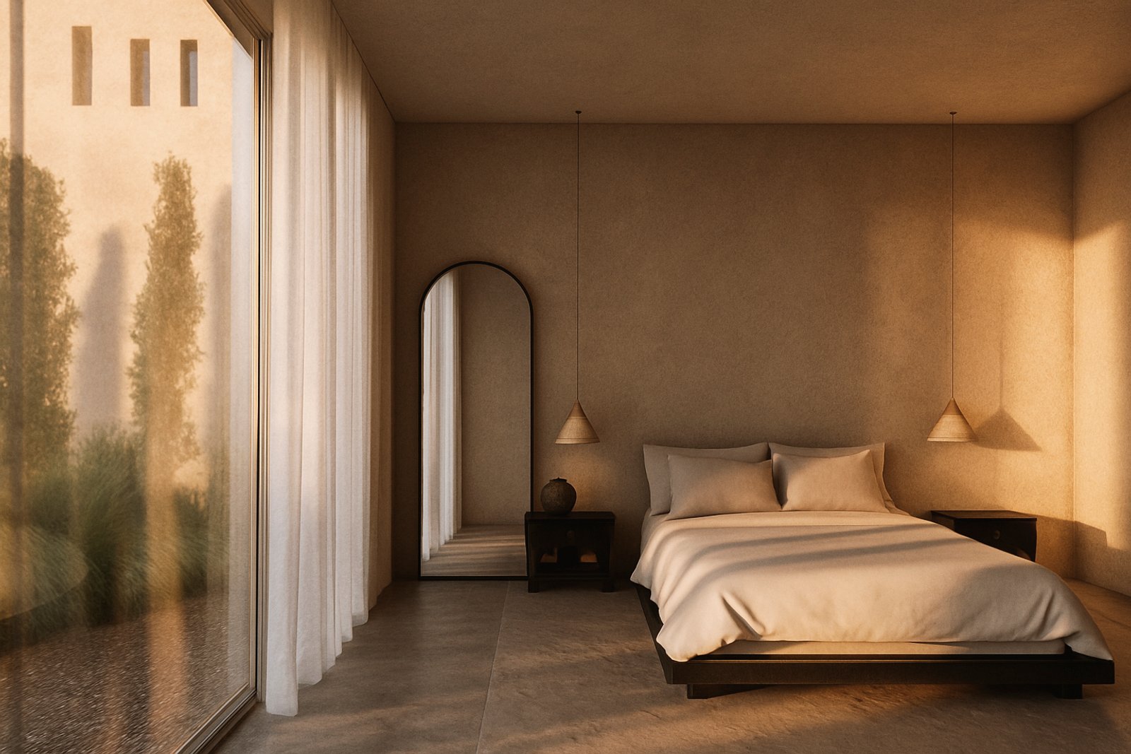 Dormitorio minimalista con luz natural y paredes texturizadas — proyecto Casa Sabi, por zuloagastudio, en Rincón de Milberg