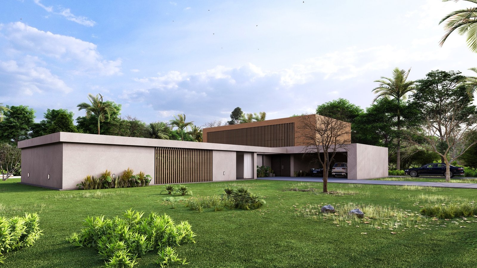 casa moderna com grandes janelas e pérgola — projeto Casa FP, por Hermann Arquitectos, em San Isidro
