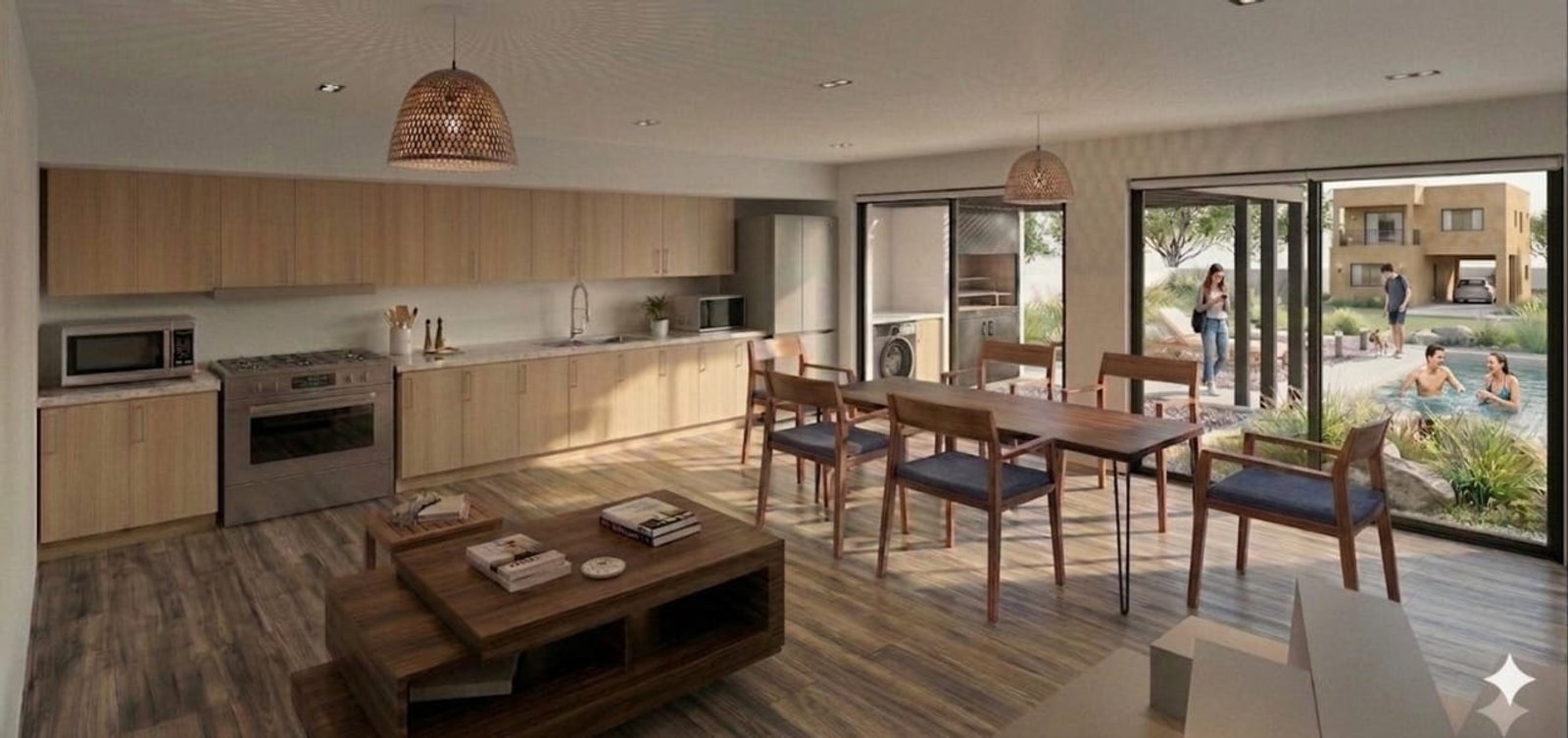 Cocina-comedor-living moderno con vista a la piscina — proyecto Quincho G+G, por Sep Arquitectura , en La Plata