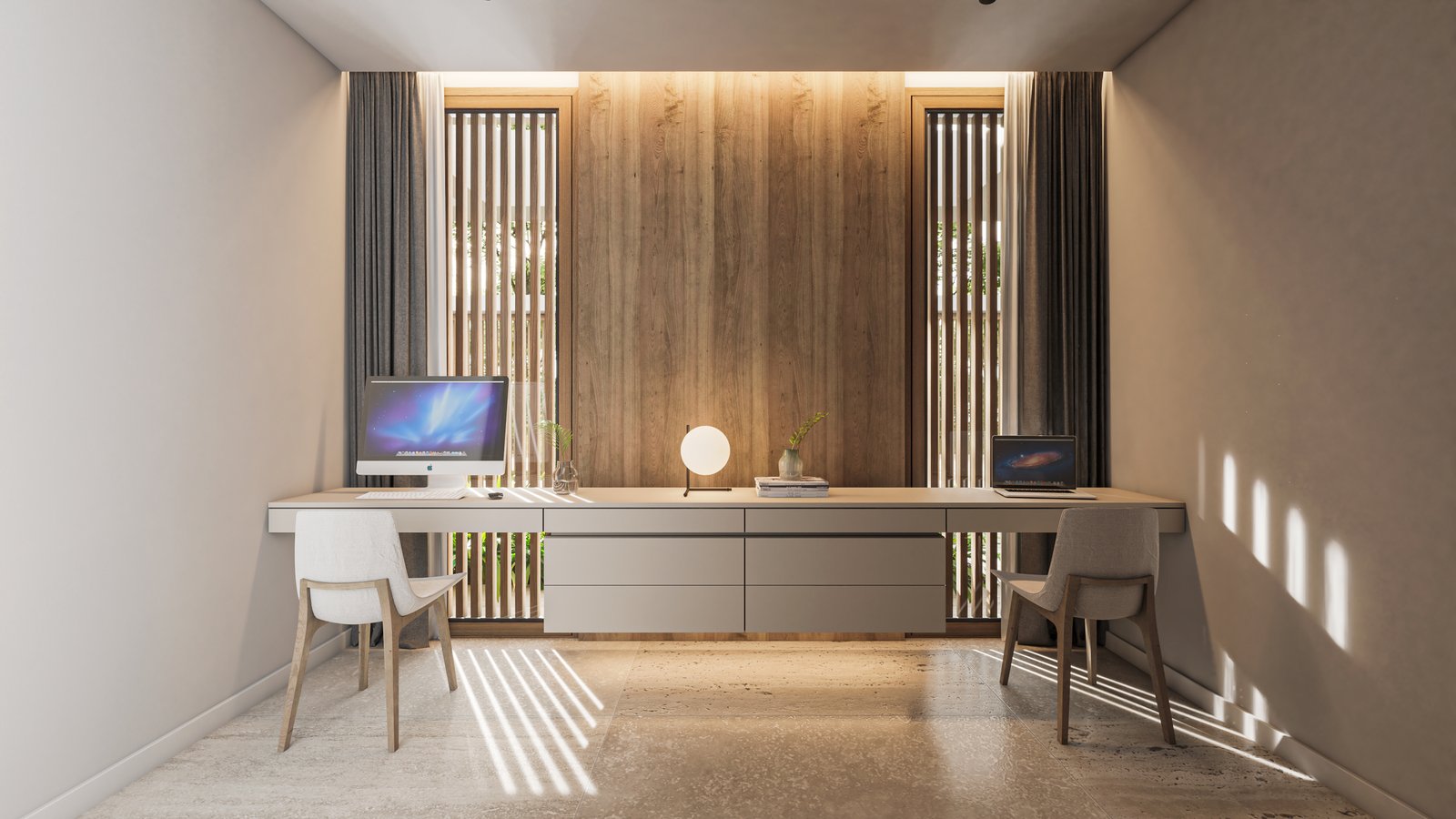 Escritório moderno com bancada longa, parede ripada de madeira e iluminação quente — projeto Casa CITY, por Grupo CRBN, em City Bell