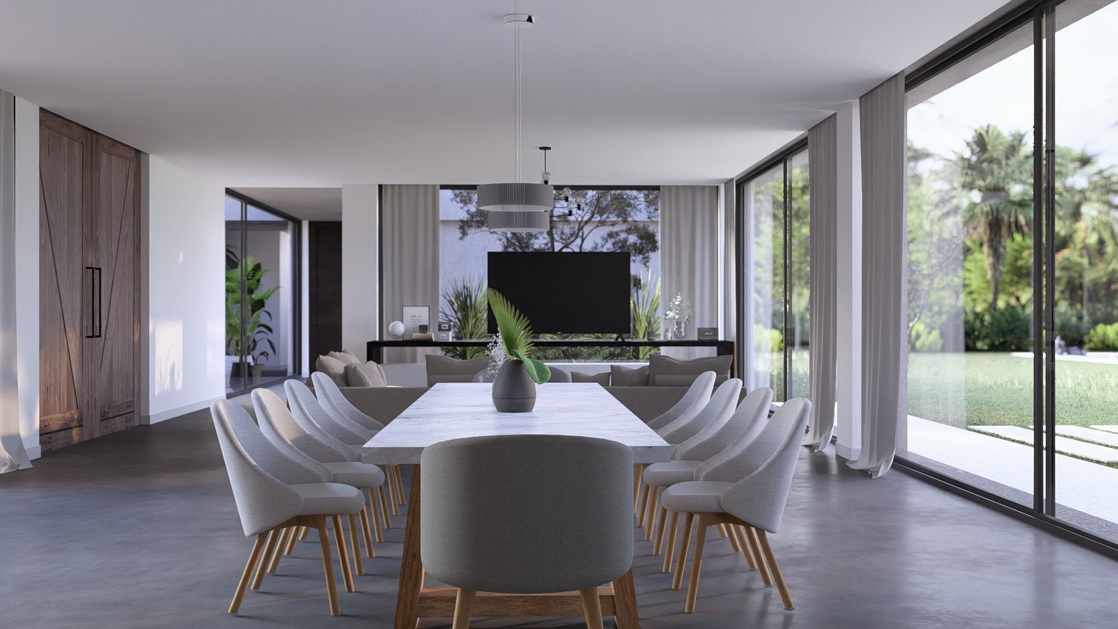 Comedor moderno, plano abierto, con grandes ventanales y jardín — proyecto Casa FP, por Hermann Arquitectos, en San Isidro