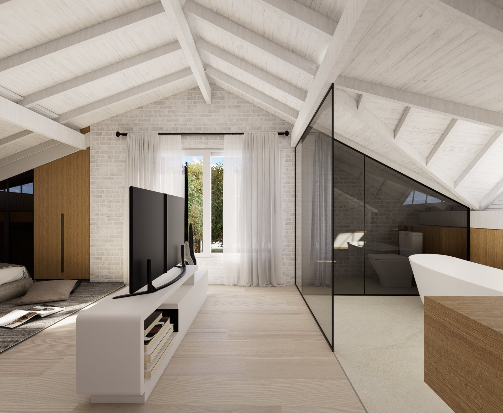 Living moderno estilo loft con vigas expuestas y mucha luz — proyecto Jocker, por Plasma co, en Ezeiza
