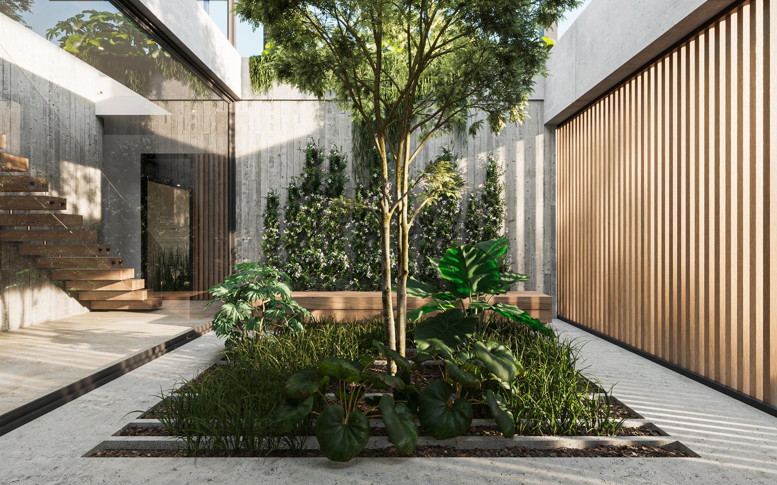 Patio moderno con árbol central, hormigón y madera — proyecto Casa PUERTOS, por Grupo CRBN, en Provincia de Buenos Aires