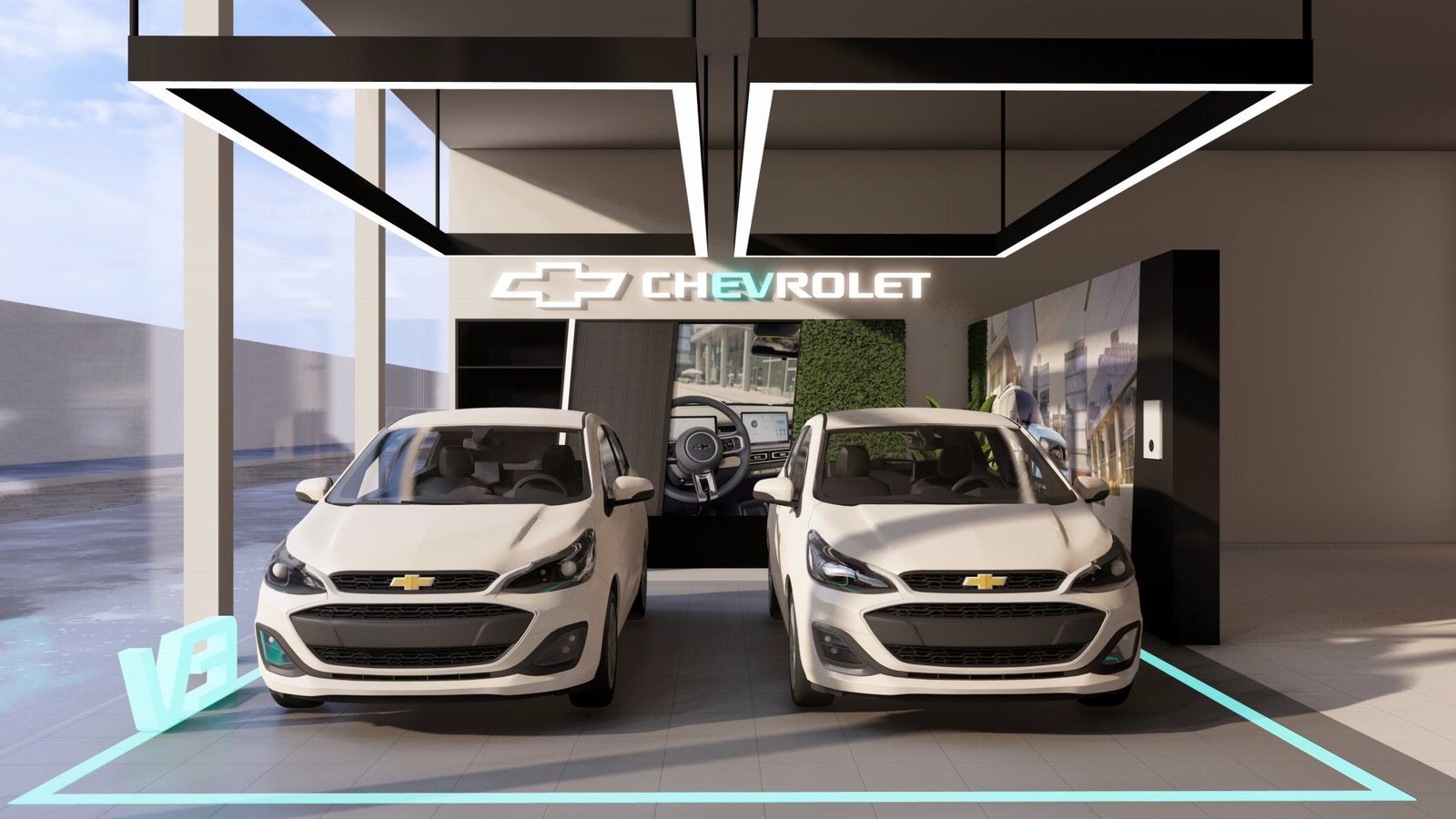 Concesionario moderno con autos Chevrolet exhibidos — proyecto Concesionario Oficial Chevrolet, Resistencia Chaco., por Arquitecto Gustavo Maidana, en Resistencia