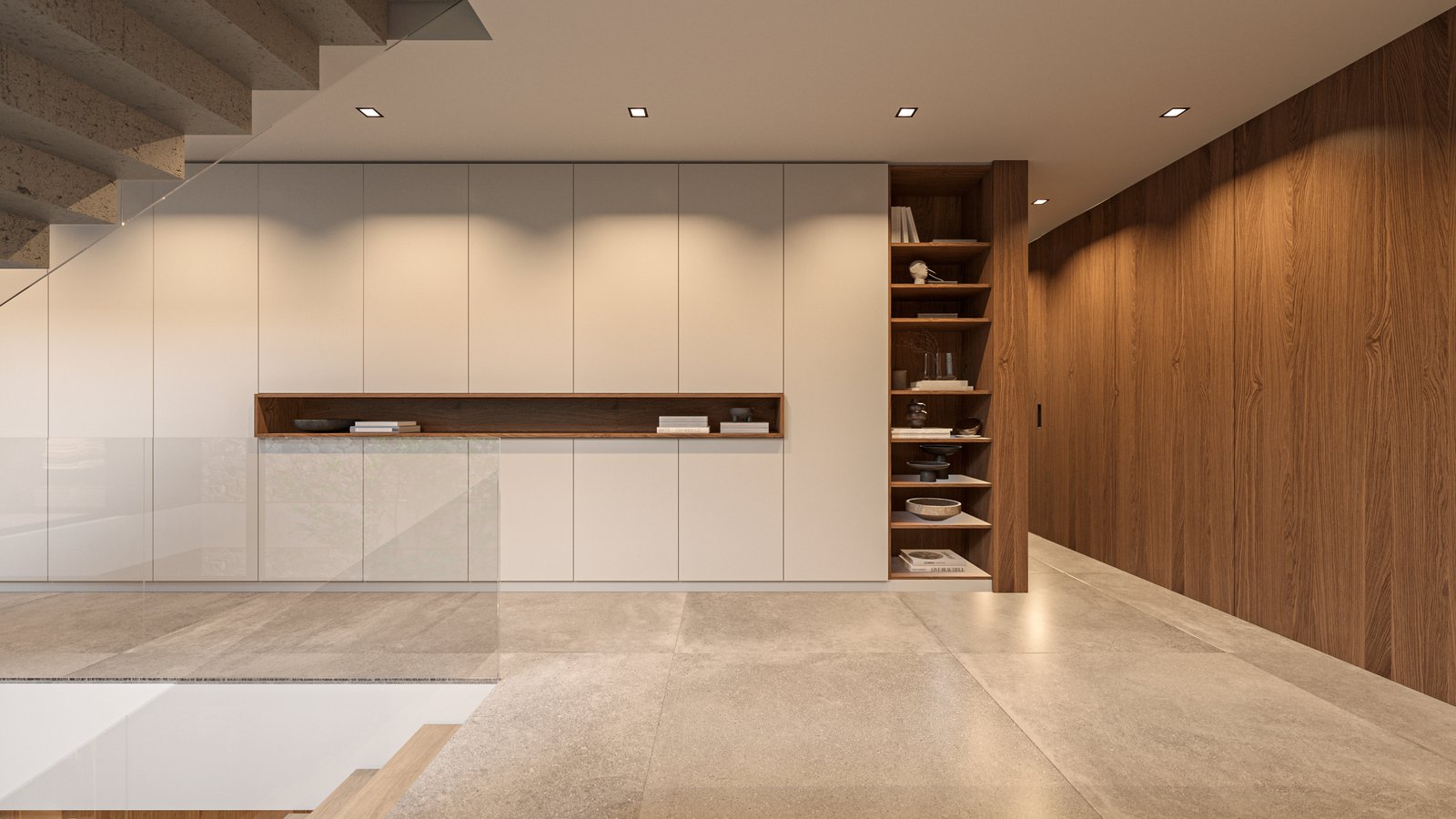 pasillo moderno con biblioteca y escaleras, pared de madera — proyecto Casa IZA, por Grupo CRBN, en Villa Urquiza