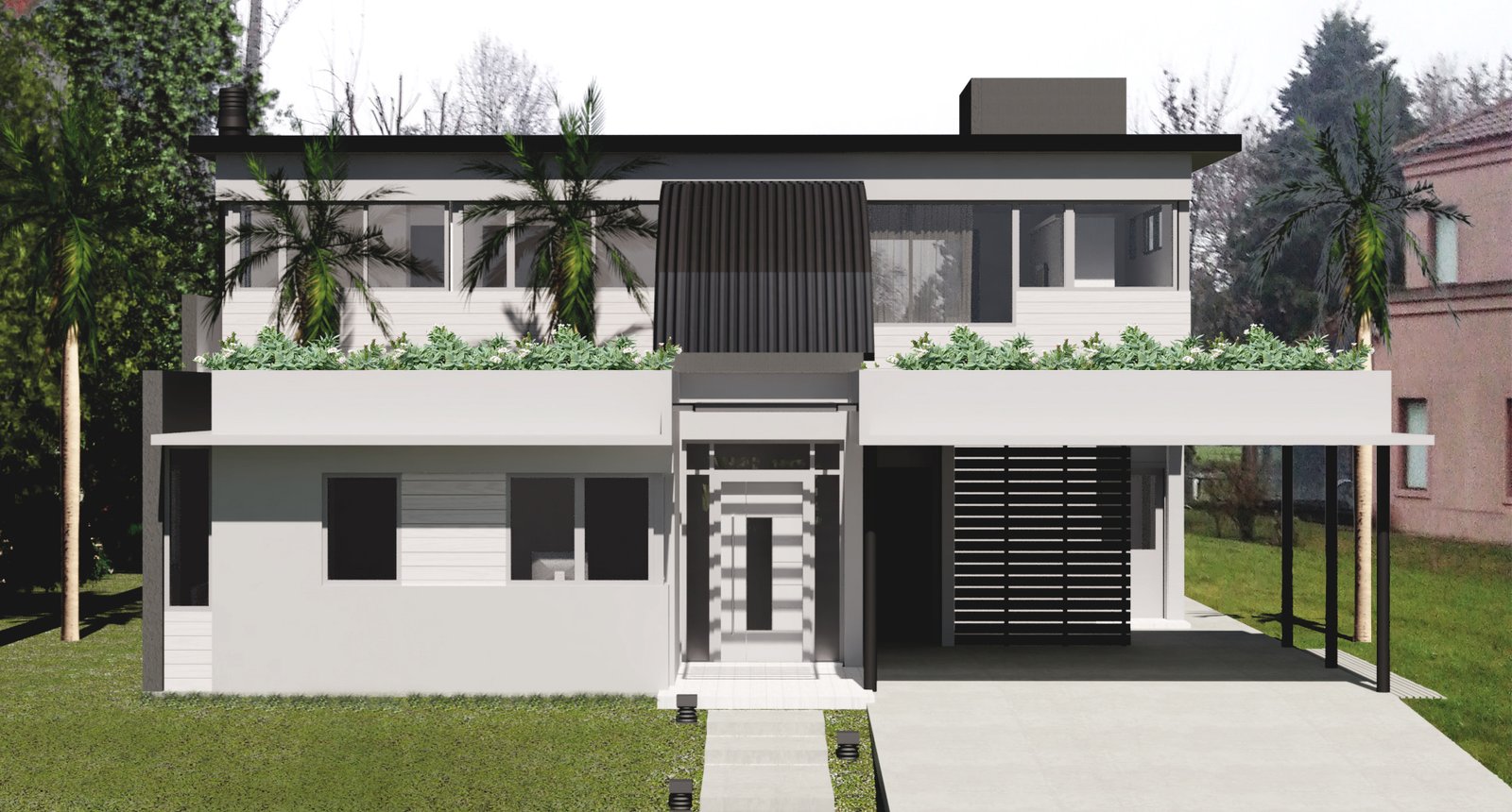 Fachada moderna com garagem suspensa e vegetação integrada — projeto Casa SuAl, por Arquitecto, em Blas Parera 1300