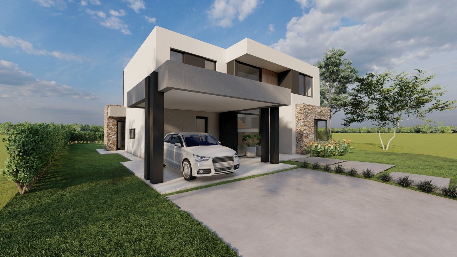 Fachada de casa moderna de dois andares com garagem coberta e SUV branco — projeto CC 37, por CHERMAT, em AVZ