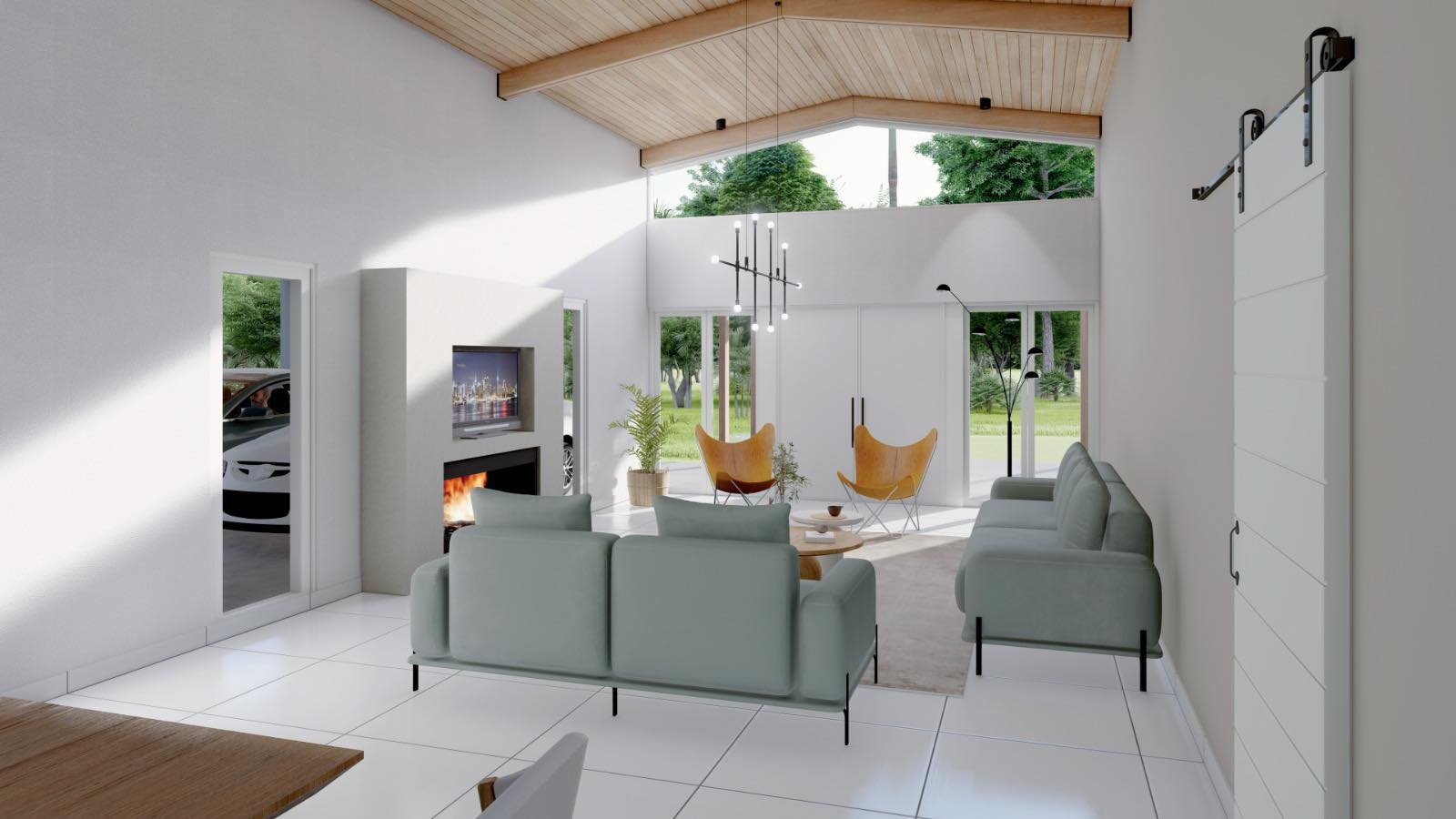 Sala de estar moderna com vigas de madeira e vista ampla — projeto Casa de Campo, por Arquitecto Gustavo Maidana, em Col. Santa Rosa