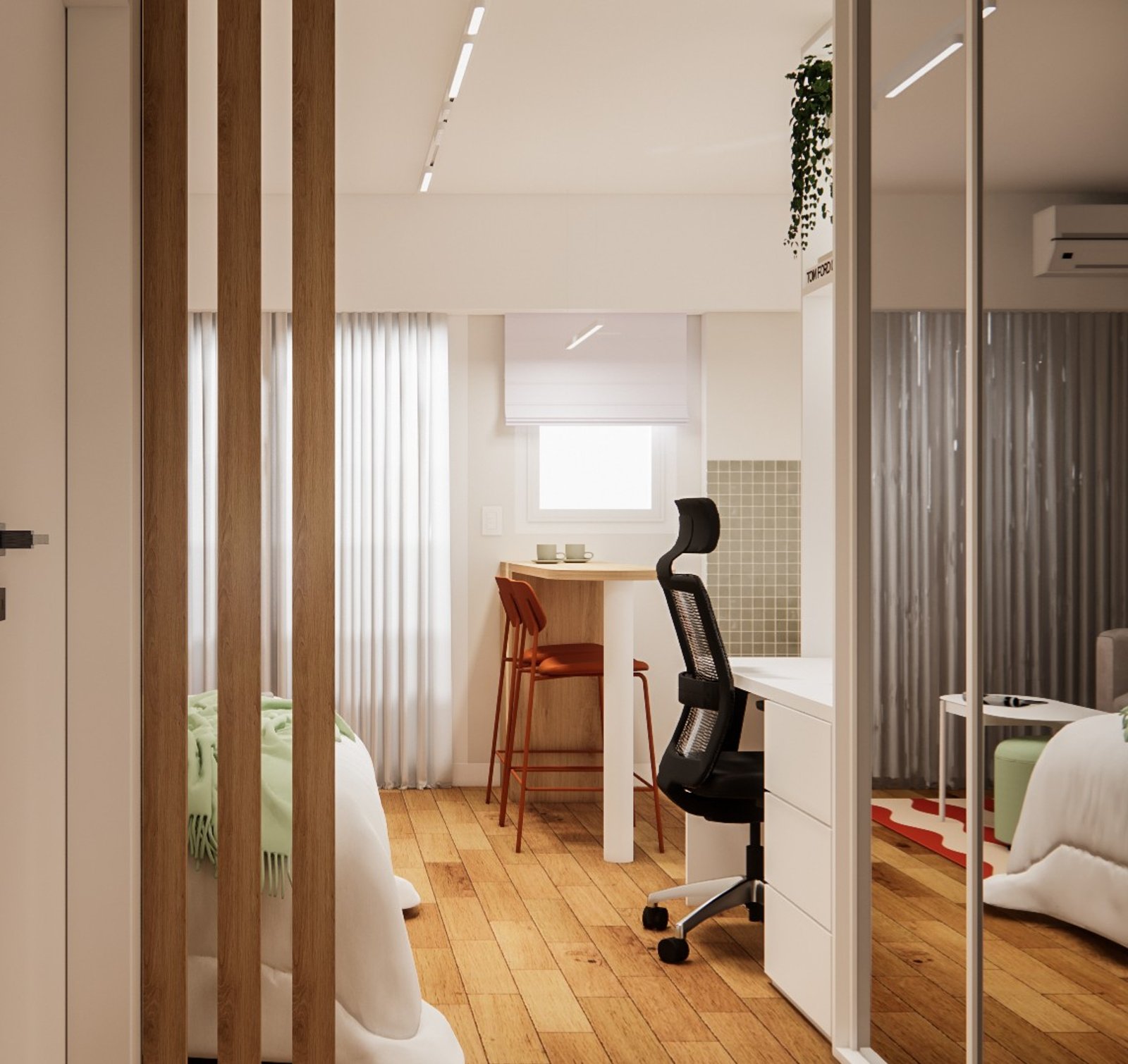 Oficina y living modernos de estilo nórdico con divisiones de madera — proyecto Diseño de monoambiente colorido, por Mela Deco Design, en Buenos Aires
