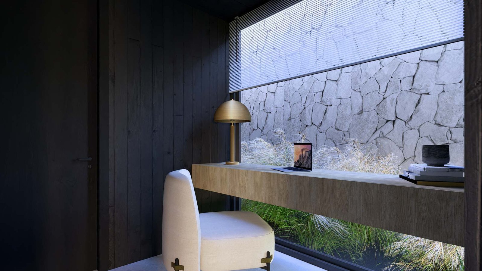 Oficina minimalista con pared de piedra y escritorio voladizo — proyecto Casa AT , por Hermann Arquitectos, en Av. de los Lagos