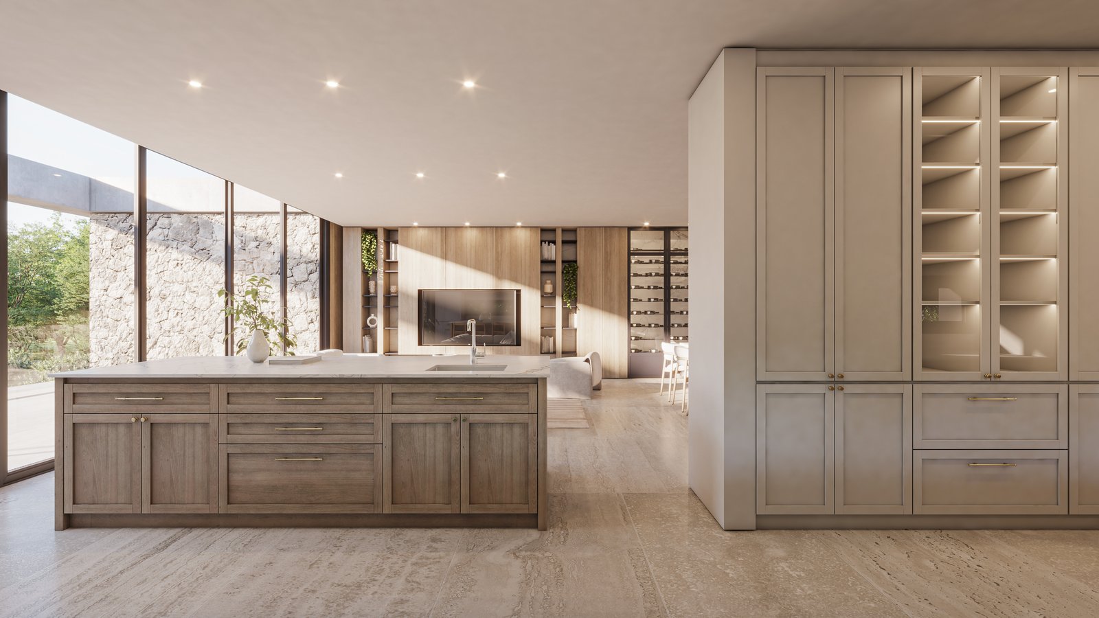 Cocina moderna y luminosa con isla de madera y ventanales — proyecto Casa GOLF, por Grupo CRBN, en Ruta Panamericana Nº. 9