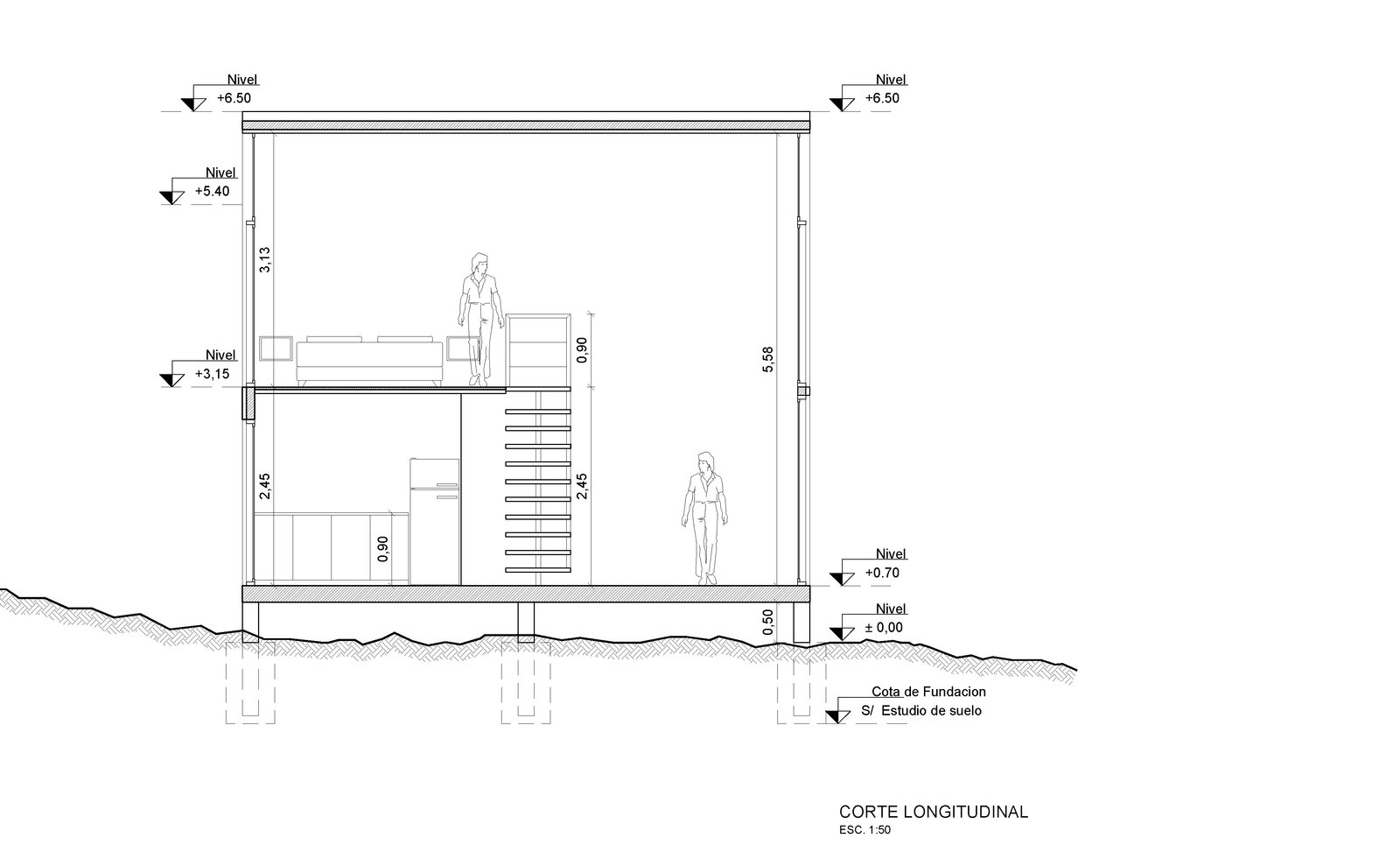 corte longitudinal de cabaña moderna con entrepiso de vidrio — proyecto Cabañas en Villa Ernestina, por Ignacio Pandolfi Arq., en Heine 100