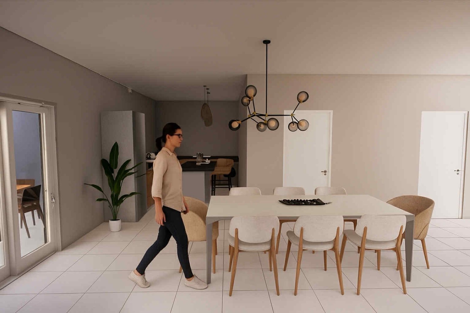 Comedor moderno escandinavo con iluminación cálida y ventanal grande — proyecto Vivienda Unifamiliar, por Arquitecto Gustavo Maidana, en Corrientes