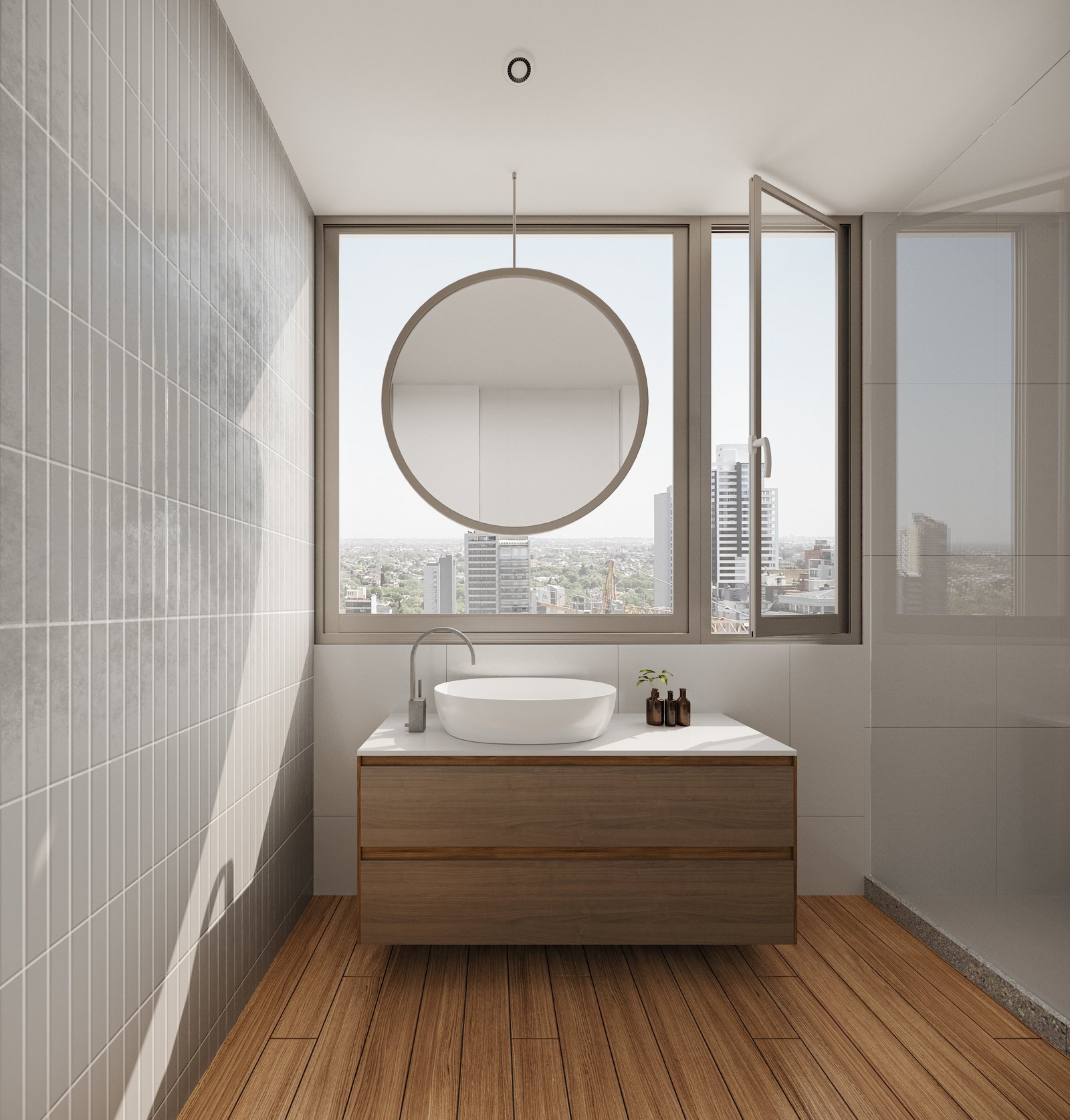 Baño moderno con vista urbana, azulejos verticales y vanitory flotante — proyecto Edificio Valentin, por LW Lopez Wolder arquitectos, en Valentín Gómez 3632