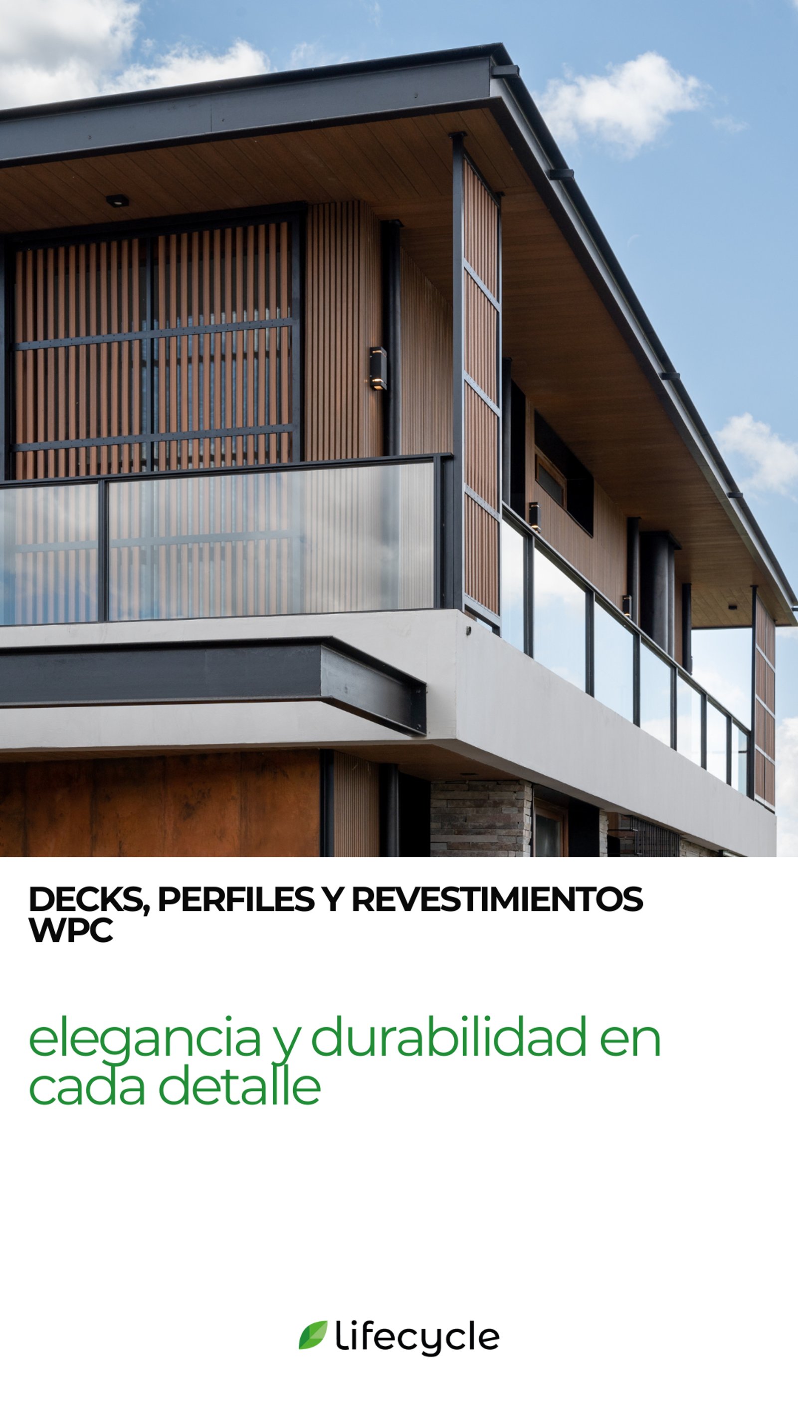 Fachada moderna con revestimiento de madera y balcón voladizo — proyecto Obra Casa Pilará, por lifecycle, en Pilar