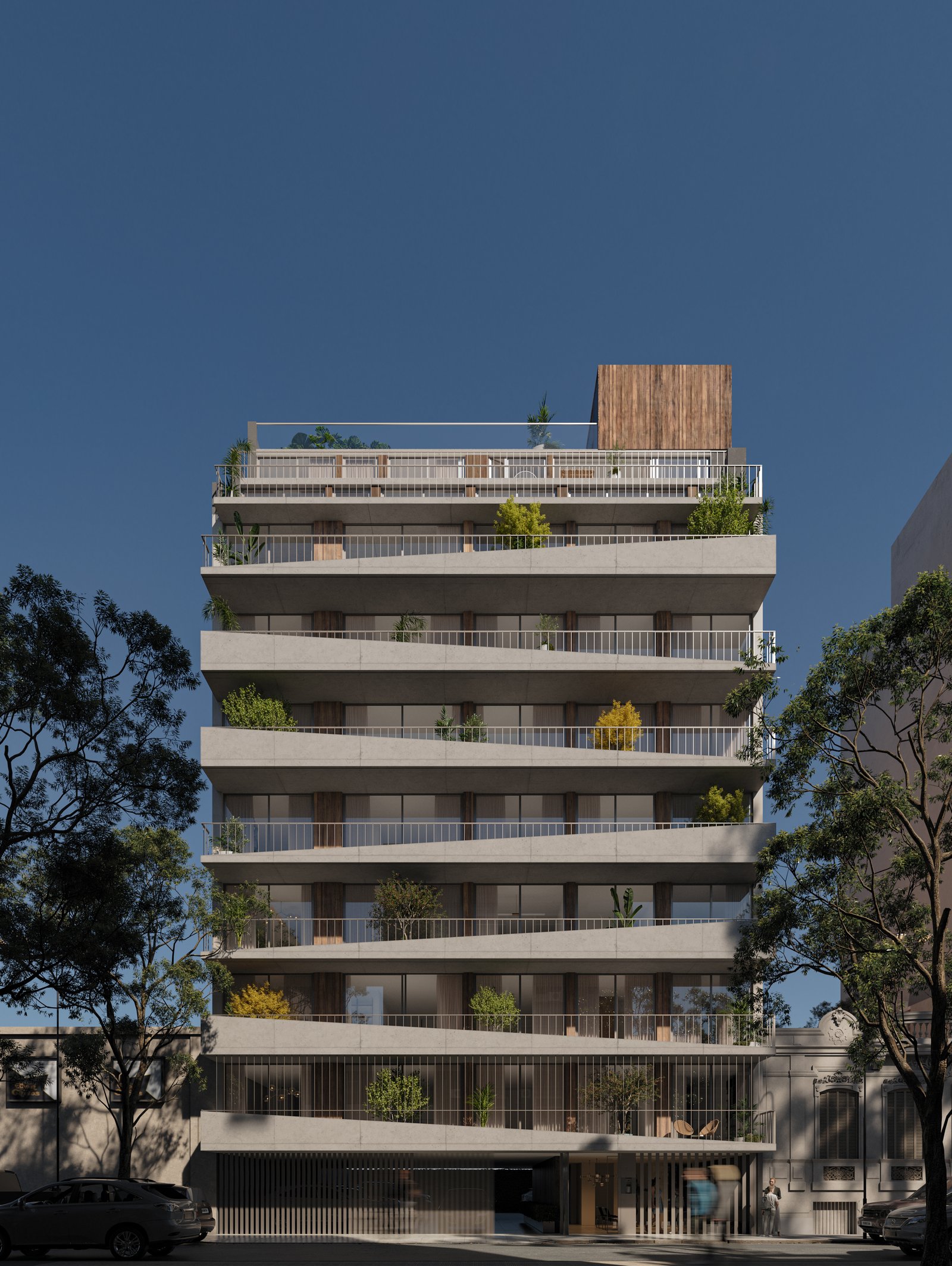Edifício moderno com varandas em balanço e revestimento de madeira — projeto Edificio Valentin, por LW Lopez Wolder arquitectos, em Valentín Gómez 3632