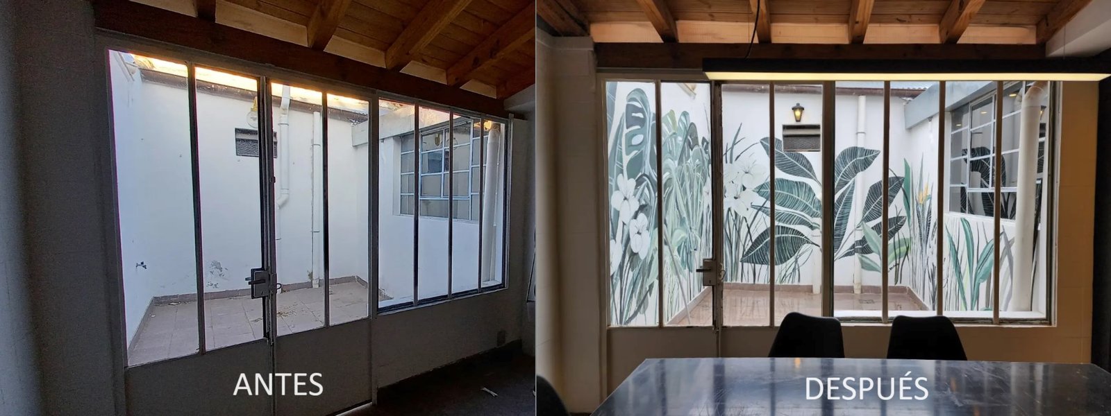 patio con mural de hojas tropicales y cerramiento de vidrio — proyecto Taller Pachamama, por Luciana González Anderson, en Salta