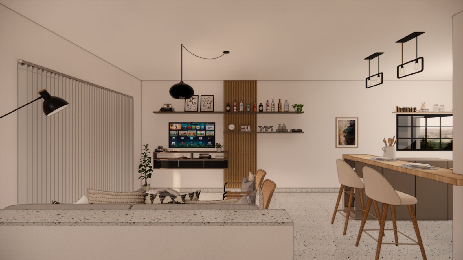Living moderno con cocina integrada y detalles en madera — proyecto PROYECTO MJC, por Todo con A, en X5125 Monte Cristo