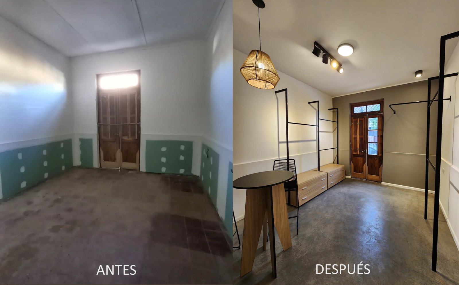 Local comercial moderno post-refacción con piso de cemento y estanterías — proyecto Taller Pachamama, por Luciana González Anderson, en Salta