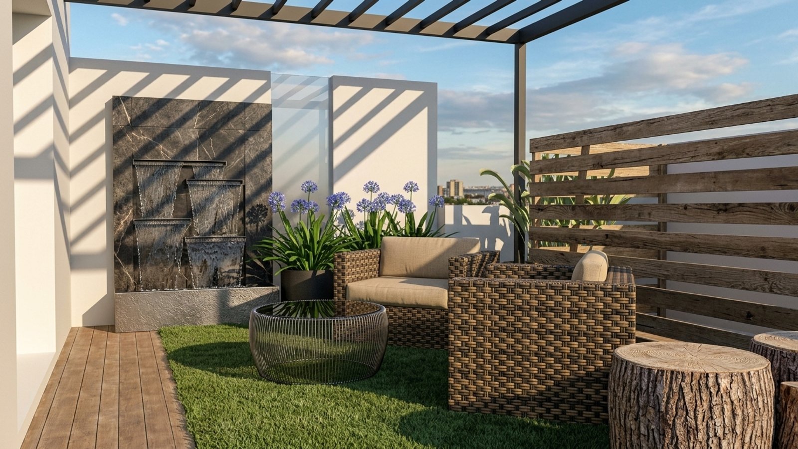 Patio moderno con fuente de agua y muebles de ratán — proyecto Terraza de edificio, por LM arquitecta+paisajista, en Villa María