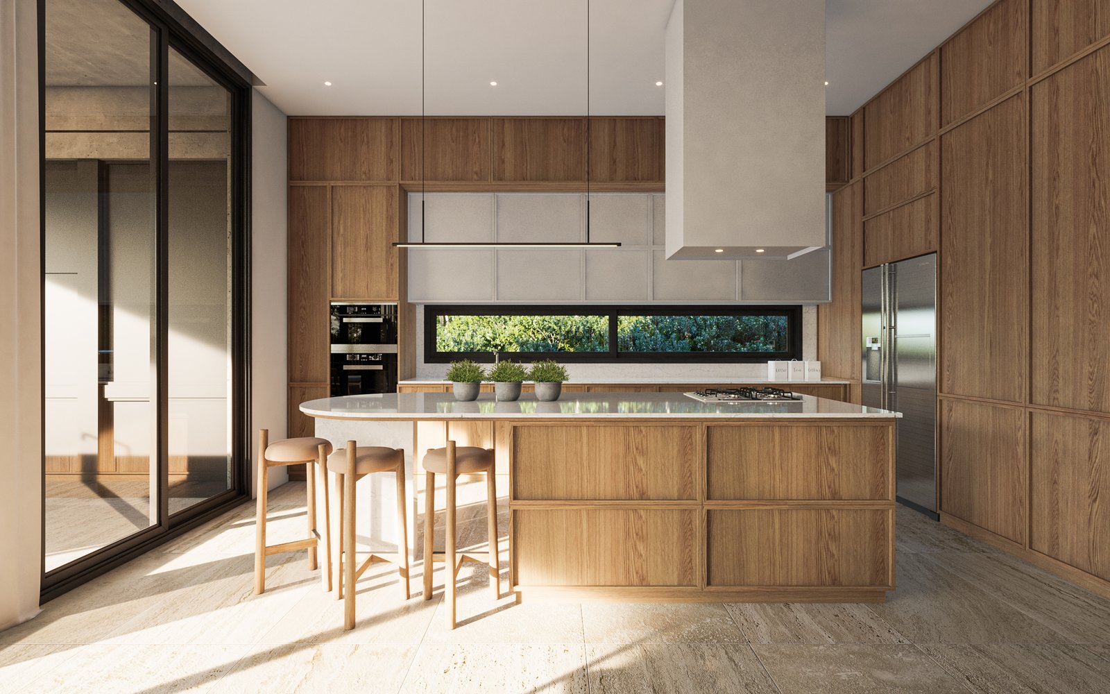 Cocina moderna escandinava con isla curva y madera natural — proyecto Casa PUERTOS, por Grupo CRBN, en Provincia de Buenos Aires
