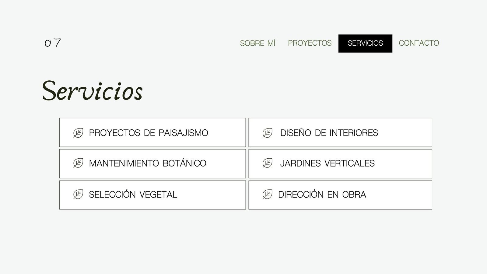 Sección de servicios web con diseño minimalista y listado interactivo — proyecto portfolio Paisajismo, por Verdebe design, en Cdad. Autónoma de Buenos Aires