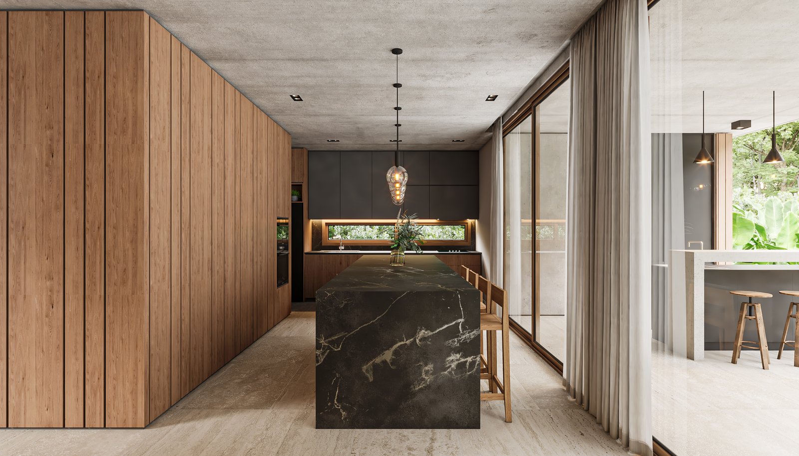 Cocina moderna con isla de mármol y pared de madera — proyecto Casa BRAVA, por Grupo CRBN, en Alejandro Korn