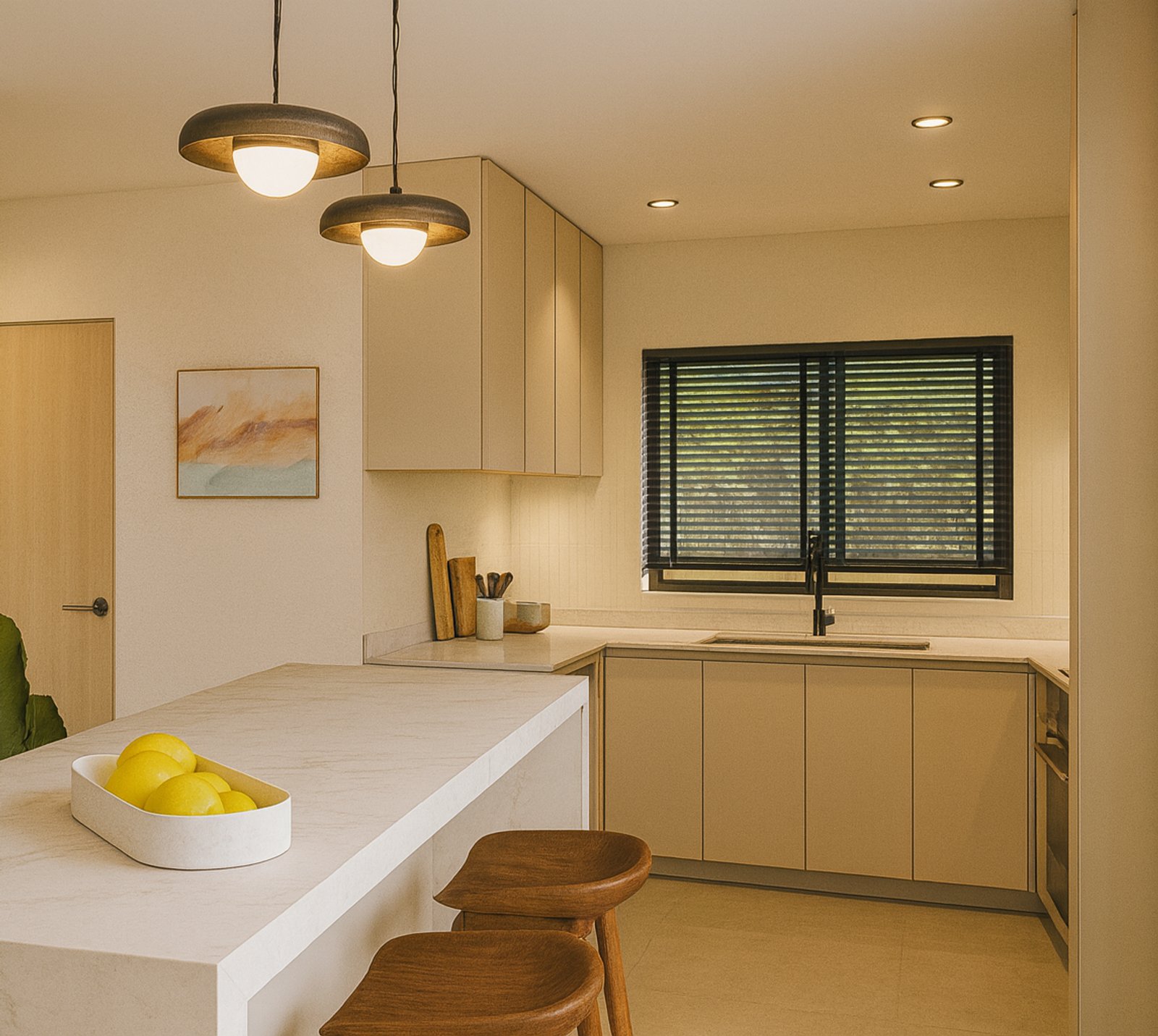 Cocina moderna con isla y luces colgantes geométricas — proyecto Proyecto Asia, por ivanadesign.estudio, en San Bernardo del Tuyú