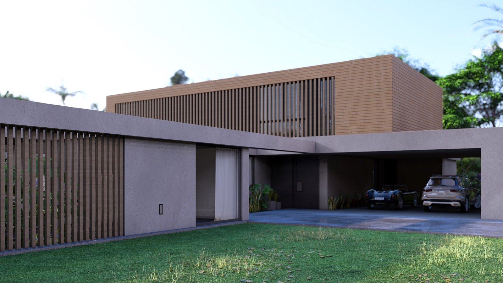 fachada moderna com detalhes em madeira e garagem integrada — projeto Casa FP, por Hermann Arquitectos, em San Isidro