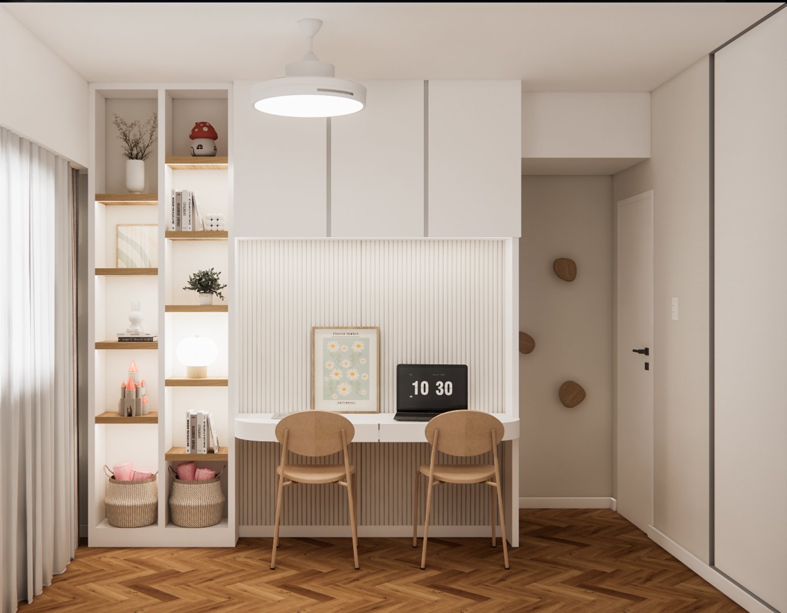 Oficina moderna y escandinava con escritorio blanco y sillas beige — proyecto Diseño moderno de estar comedor y habitaciones, por Mela Deco Design, en Buenos Aires