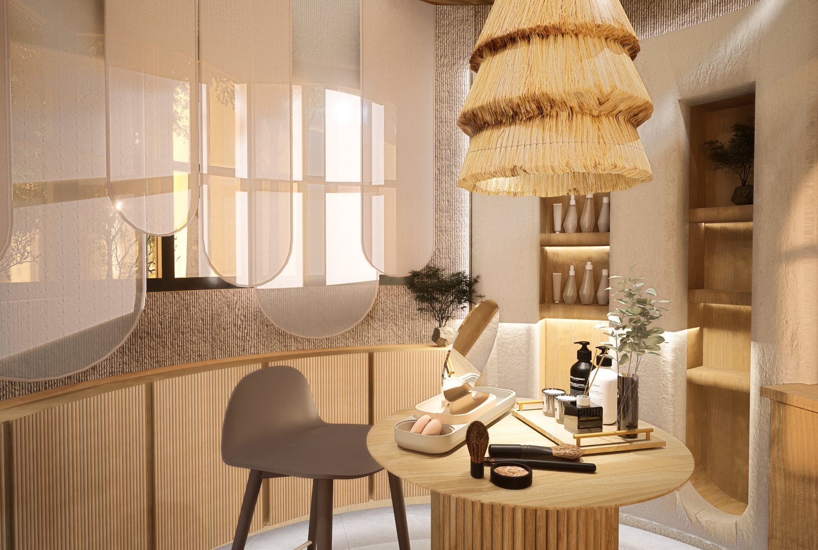 Espaço comercial minimalista tipo spa com luz de rattan — projeto Local Natura, por hatch.dsgn, em Mendoza