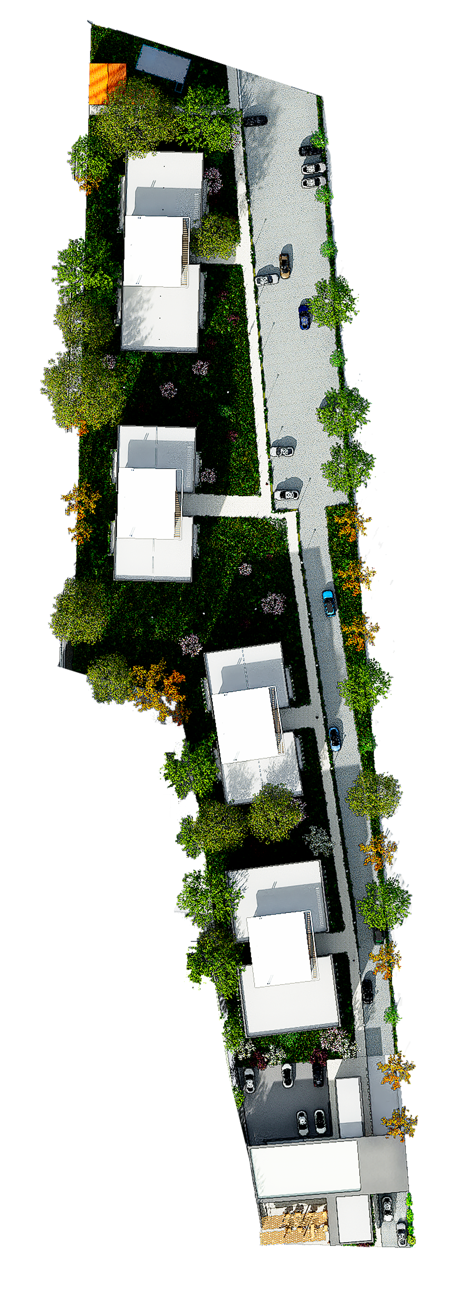 render aéreo de casas modernas com jardim e entrada de carros — projeto PARQUE ALTO LIBERTADOR SUITTE, por ML ARQUITECTURA / ARQ. MARIANO LEOTTA, em San Juan