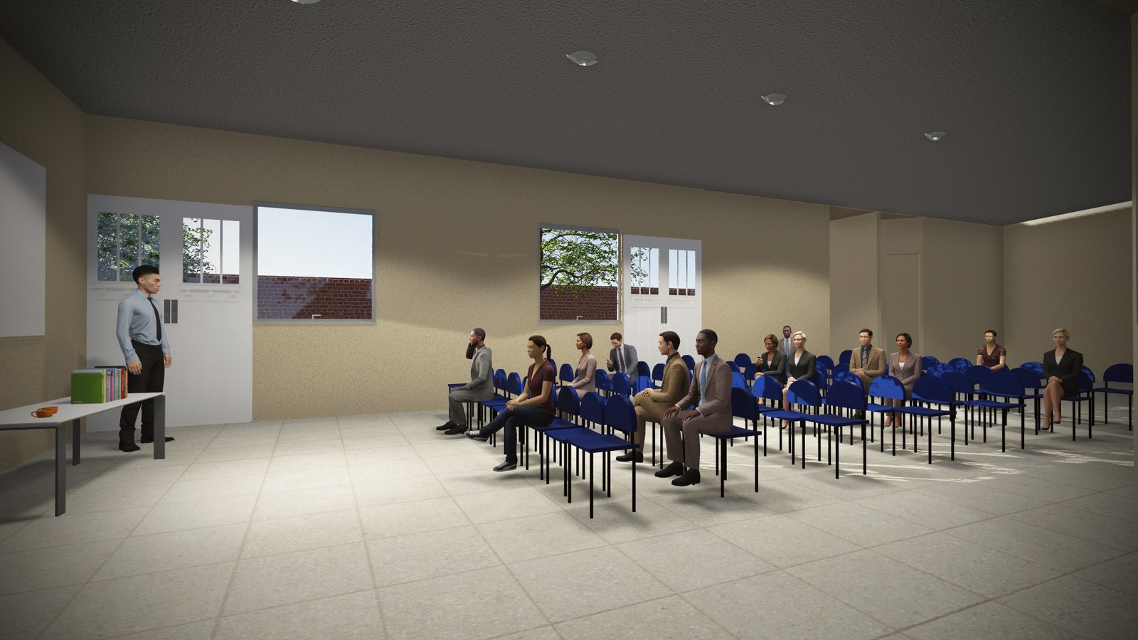 Sala de conferencias con sillas azules y hombre de pie — proyecto Biblioteca Publica, Dr. Juan Manuel Rivera. Caa Cati, Corrientes., por Arquitecto Gustavo Maidana, en Caá Catí