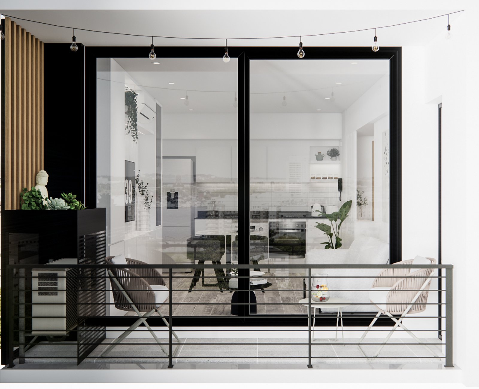 Terraza moderna con vista urbana y mobiliario minimalista — proyecto Diseño de departamento minimalista, por Mela Deco Design, en Buenos Aires