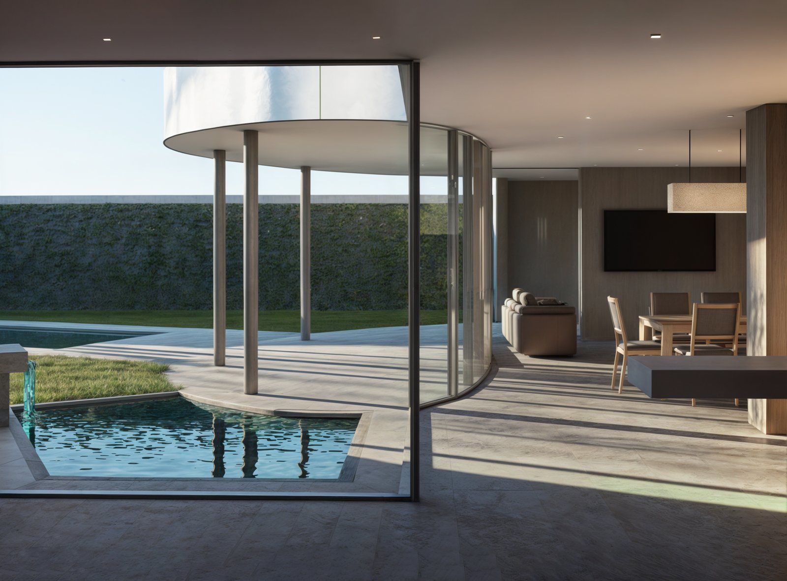 Casa moderna con fachada curva de vidrio y piscina — proyecto Visualización. Vivienda en country, por condor estudio, en Mendoza