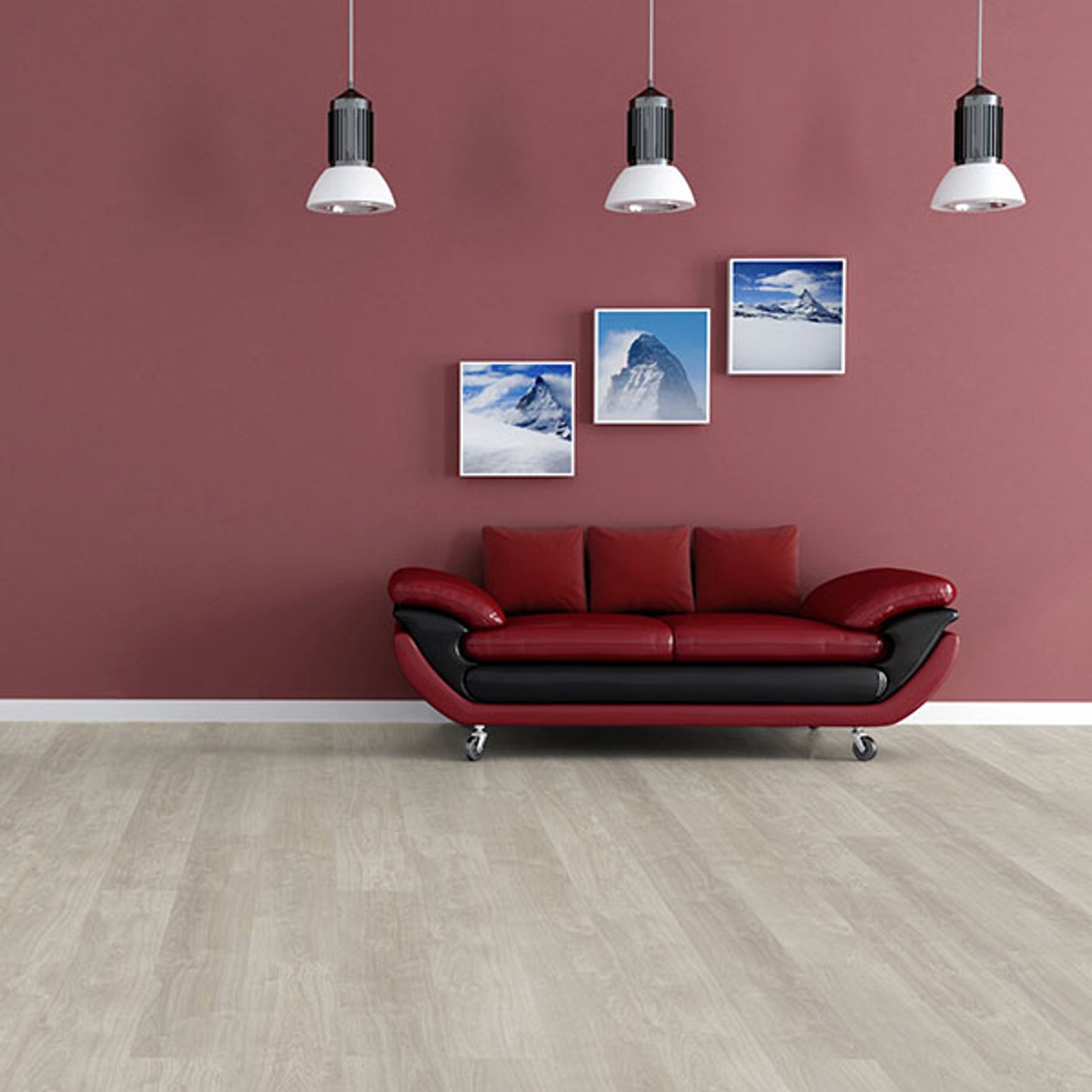living moderno con sofá curvo color vino y cuadros de montaña — proyecto Pisos Flotantes, por The Flooring Company