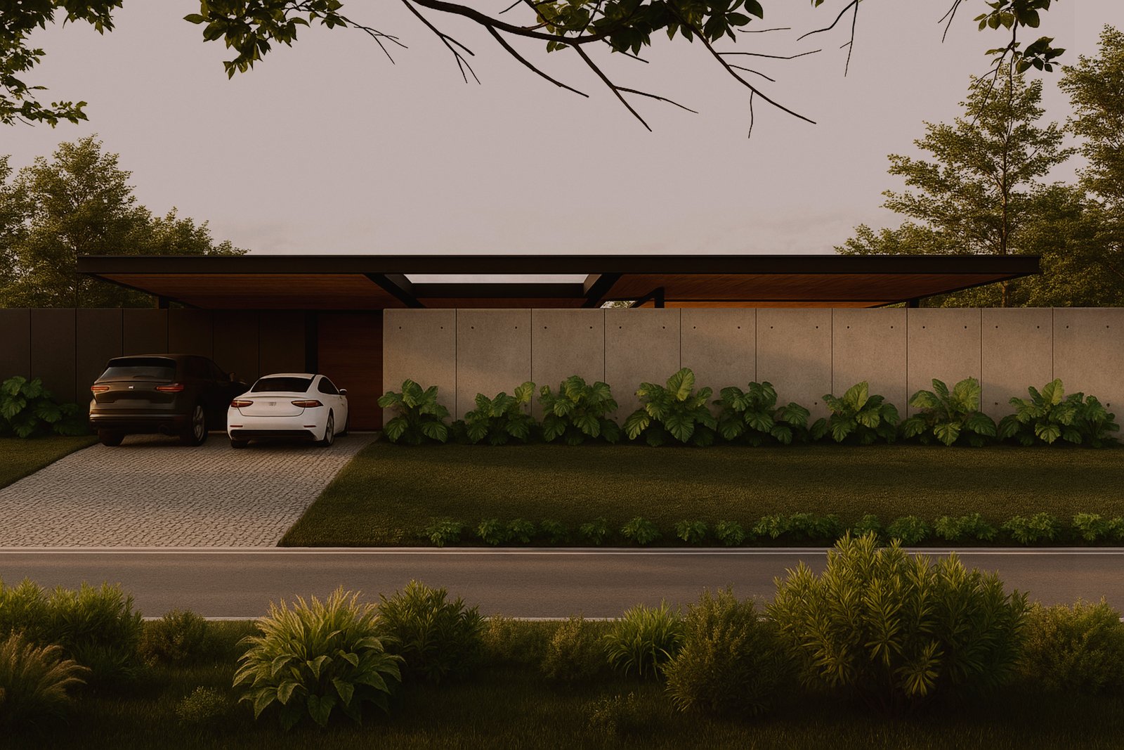 Fachada moderna con líneas horizontales y techo bajo — proyecto Casa Delta, por zuloagastudio, en B1648 Tigre