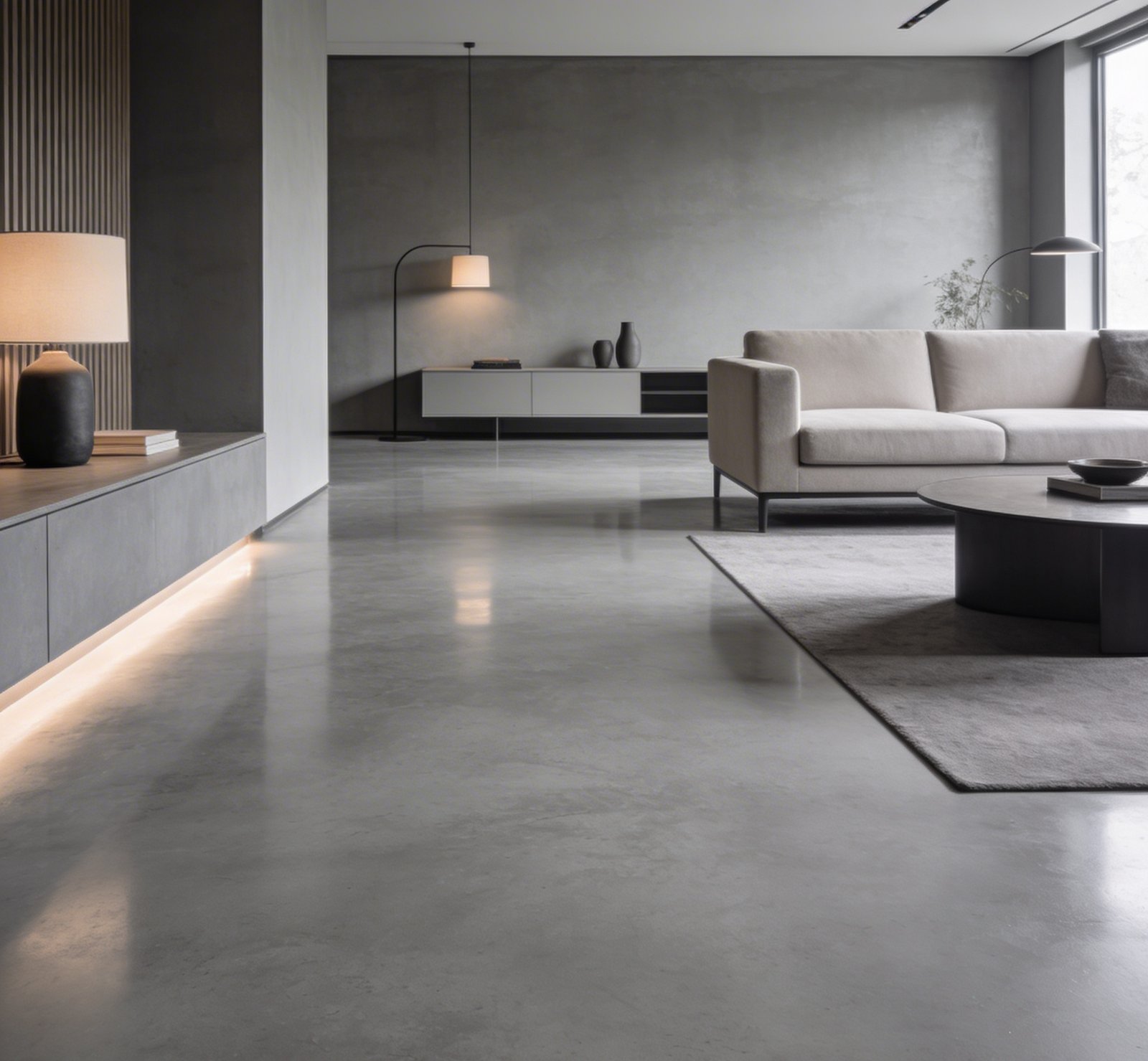 Sala de estar moderna cinza minimalista com piso de concreto polido — projeto Microcemento Diego orosco, por Microcemento alizados Dieguito, em Virrey del Pino