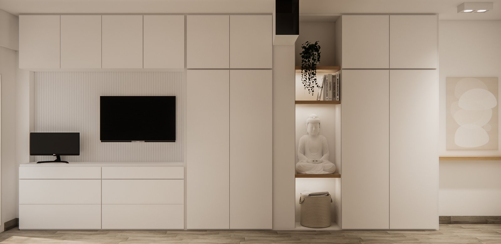 Living moderno con muebles blancos empotrados e iluminación indirecta — proyecto Monoambiente con espacios optimizados, por Mela Deco Design, en Buenos Aires