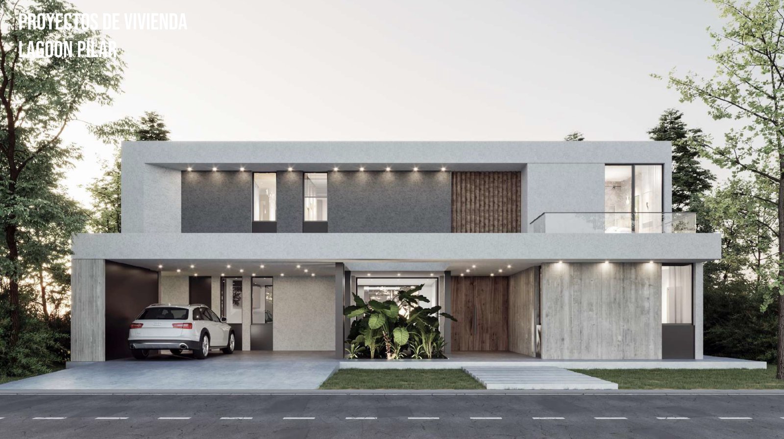 Casa moderna con fachada de concreto blanco y madera — proyecto Vivienda Laggon, por MMCZ STUDIO, en R. Caamaño 1106