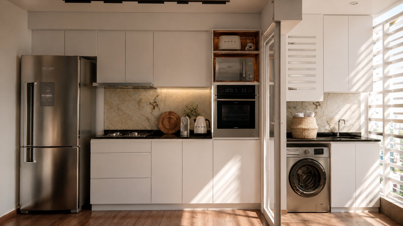 Cozinha moderna escandinava com armários brancos e detalhes em mármore — projeto Diseño cálido de departamento, por Mela Deco Design, em Rosario