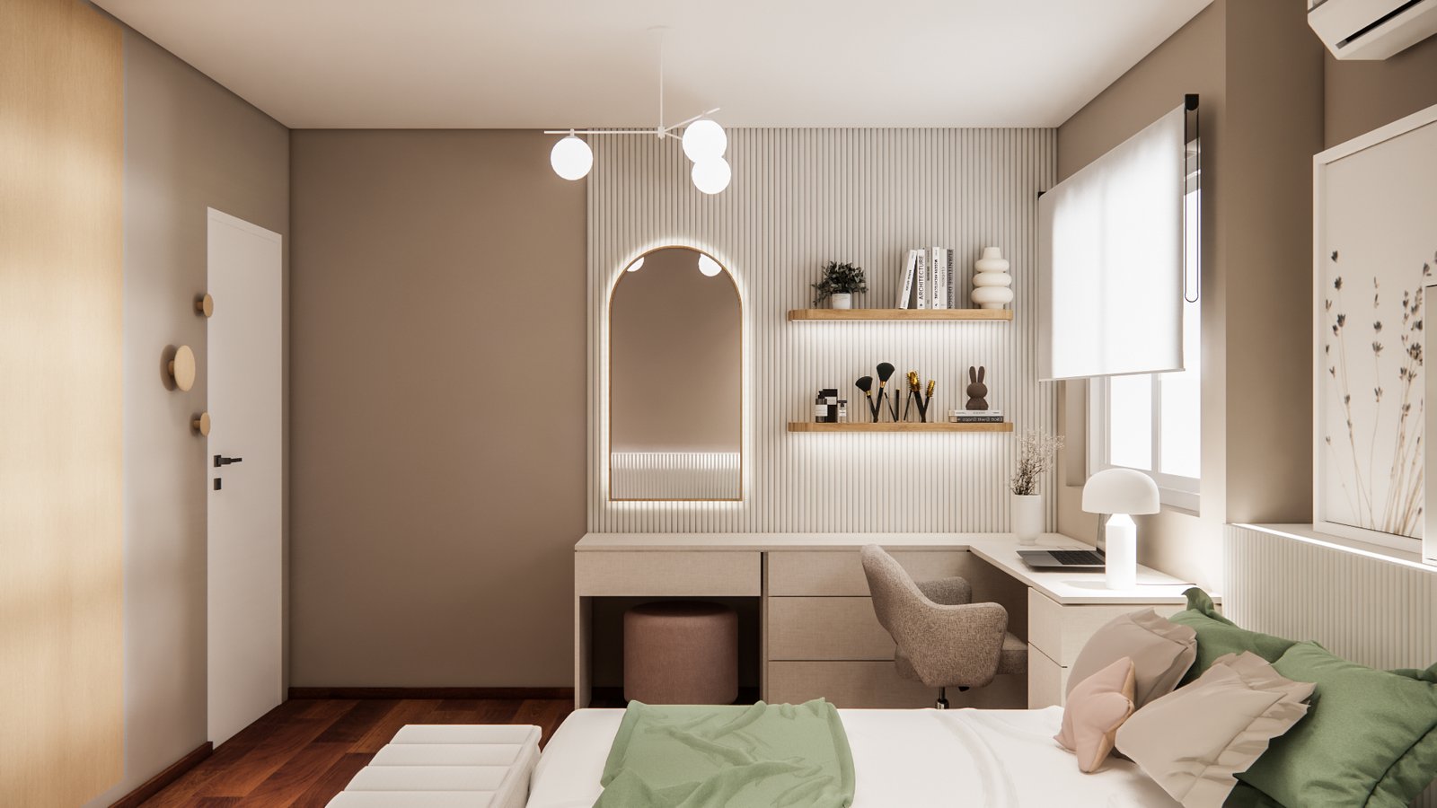 Dormitorio moderno con escritorio curvo, espejo iluminado y luz colgante — proyecto Dormitorio acogedor de adolescente, por Mela Deco Design, en Buenos Aires