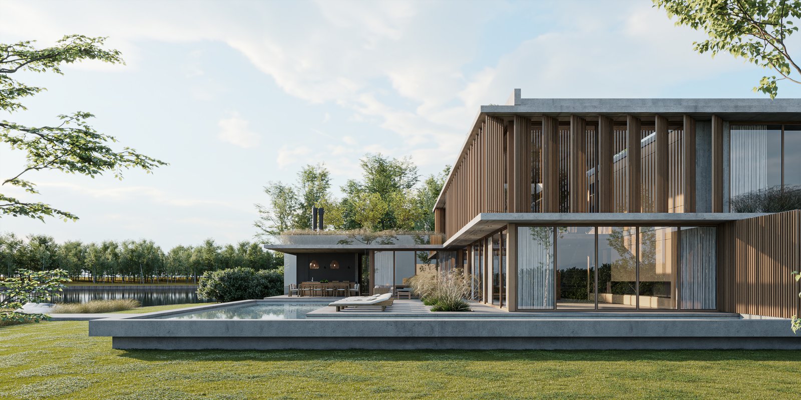 Fachada moderna con piscina, madera, vidrio y techo verde — proyecto Casa BRIDGE, por Grupo CRBN, en Av. de los Lagos 1815