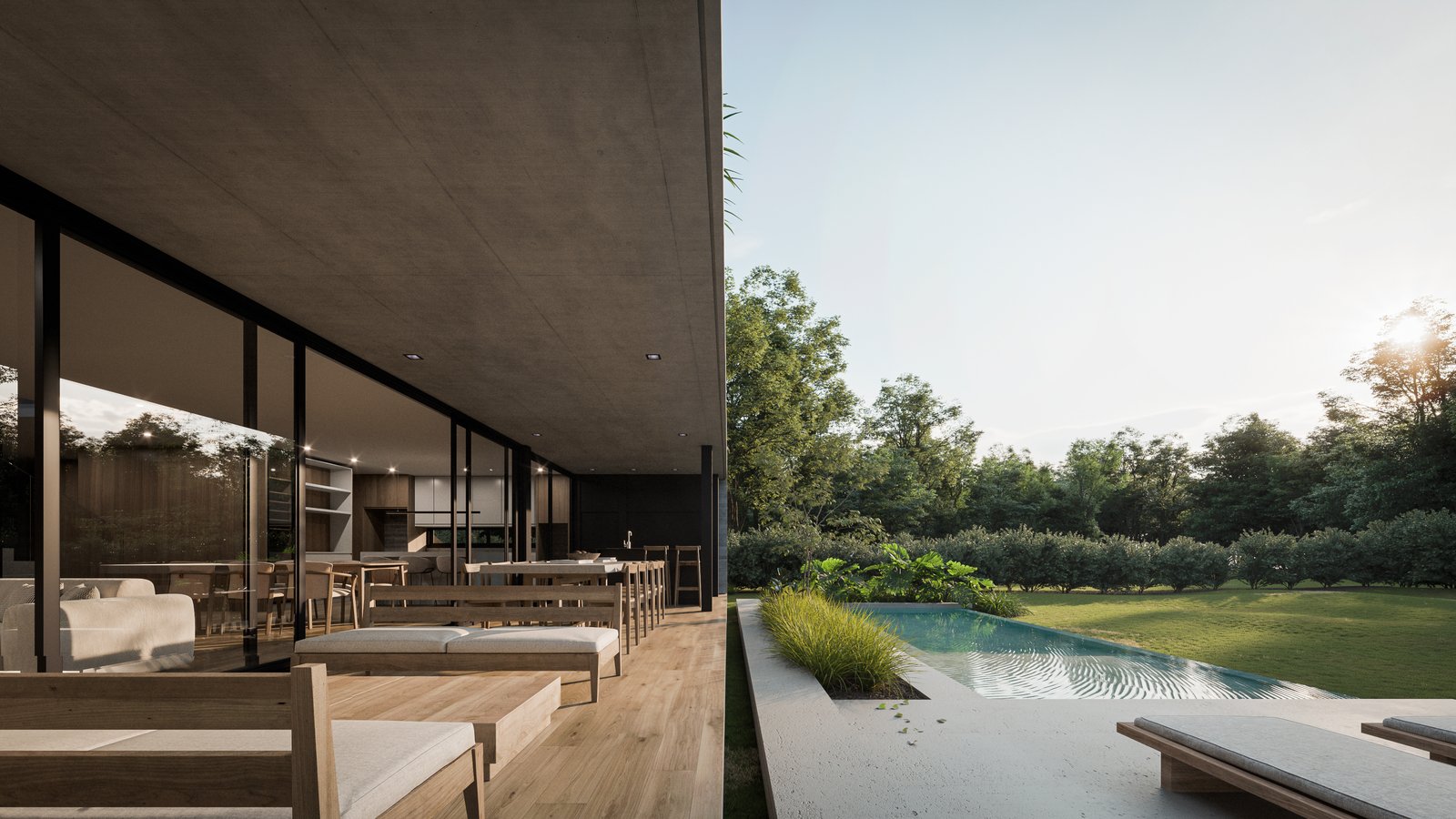 Fachada moderna de hormigón con pileta y deck de madera — proyecto Casa BEAT, por Grupo CRBN, en Av. de los Lagos 1815