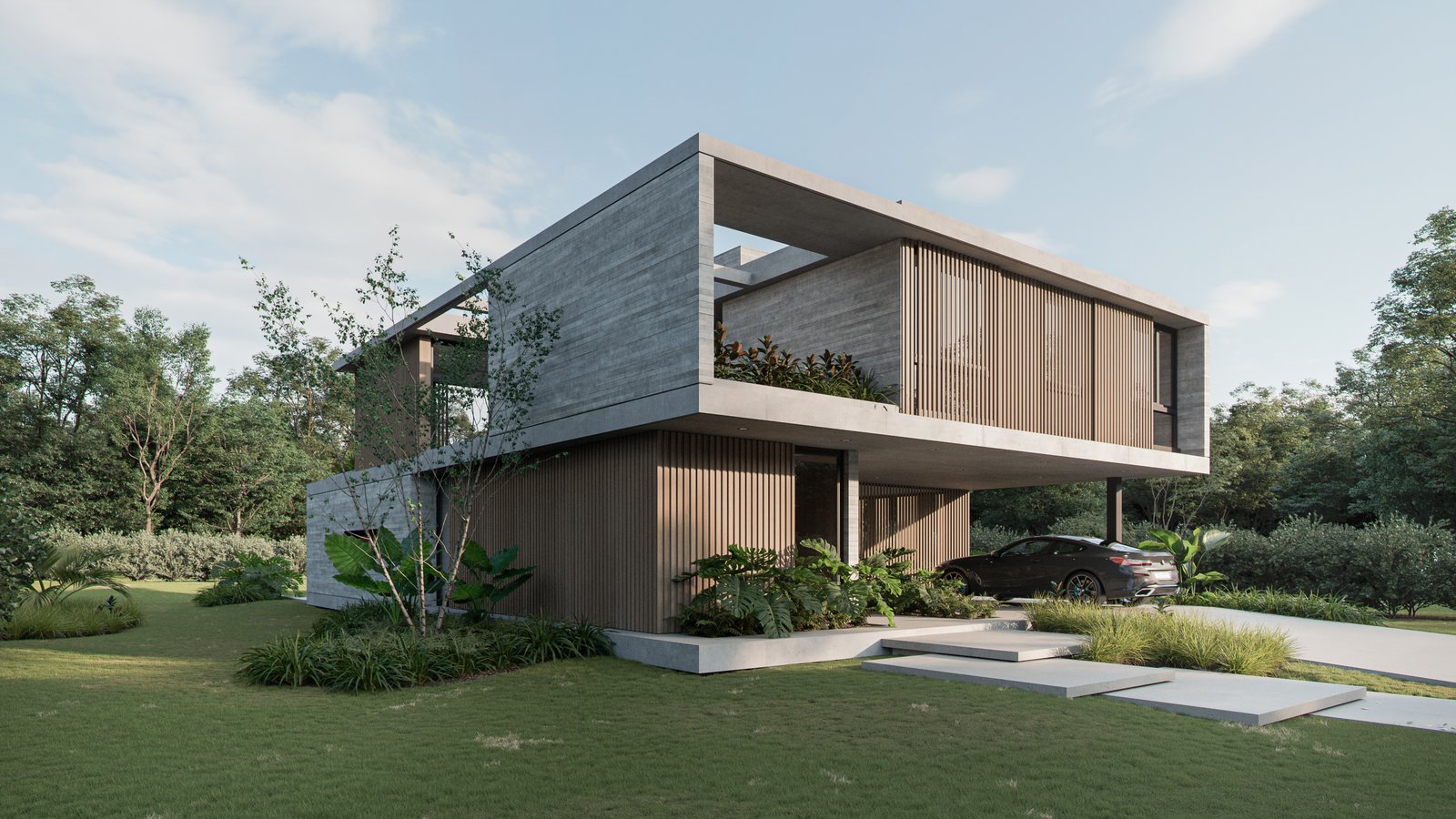 Fachada moderna de dos plantas con concreto y madera — proyecto Casa BEAT, por Grupo CRBN, en Av. de los Lagos 1815