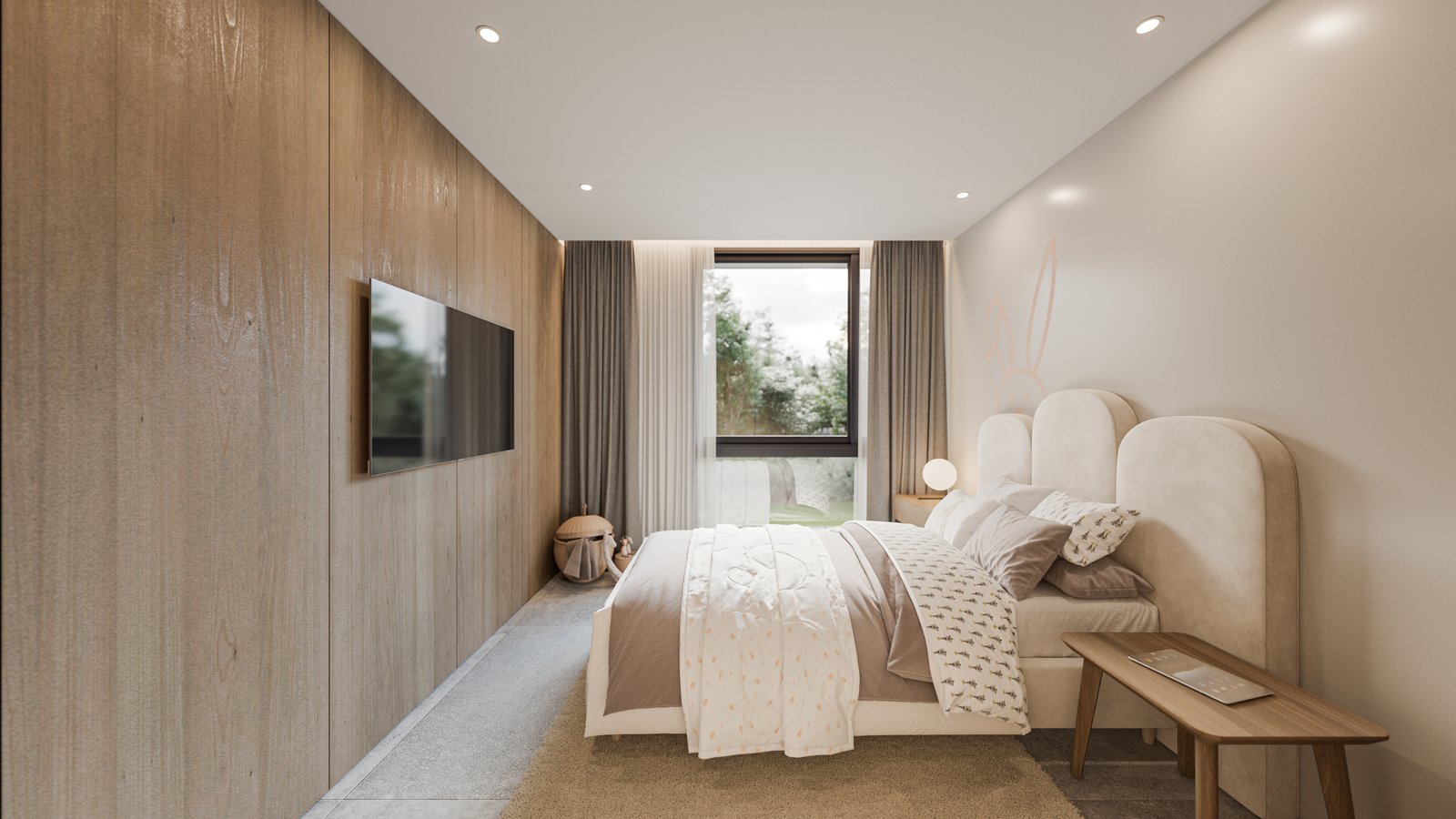 quarto moderno com parede de madeira e iluminação quente — projeto Casa BEAT, por Grupo CRBN, em Av. de los Lagos 1815