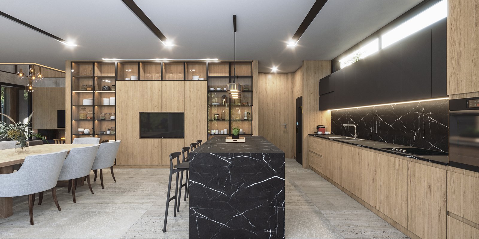 Cozinha moderna integrada com ilha de mármore preto e madeira natural — projeto Casa TERRA, por Grupo CRBN, em Los Robles 5901