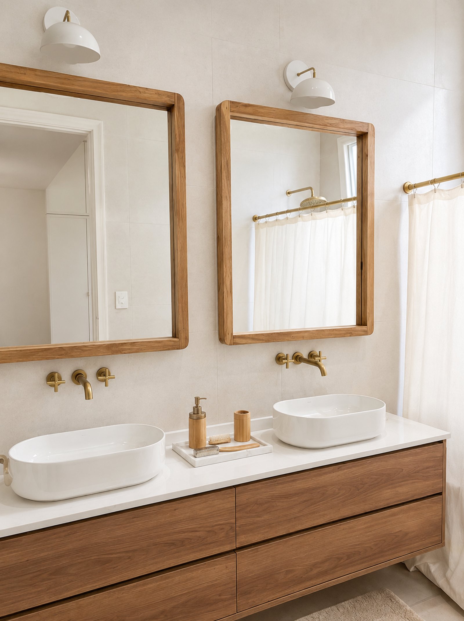 Baño moderno con doble vanitory y mesadas flotantes de madera — proyecto Arenales, por Equipe, en Buenos Aires