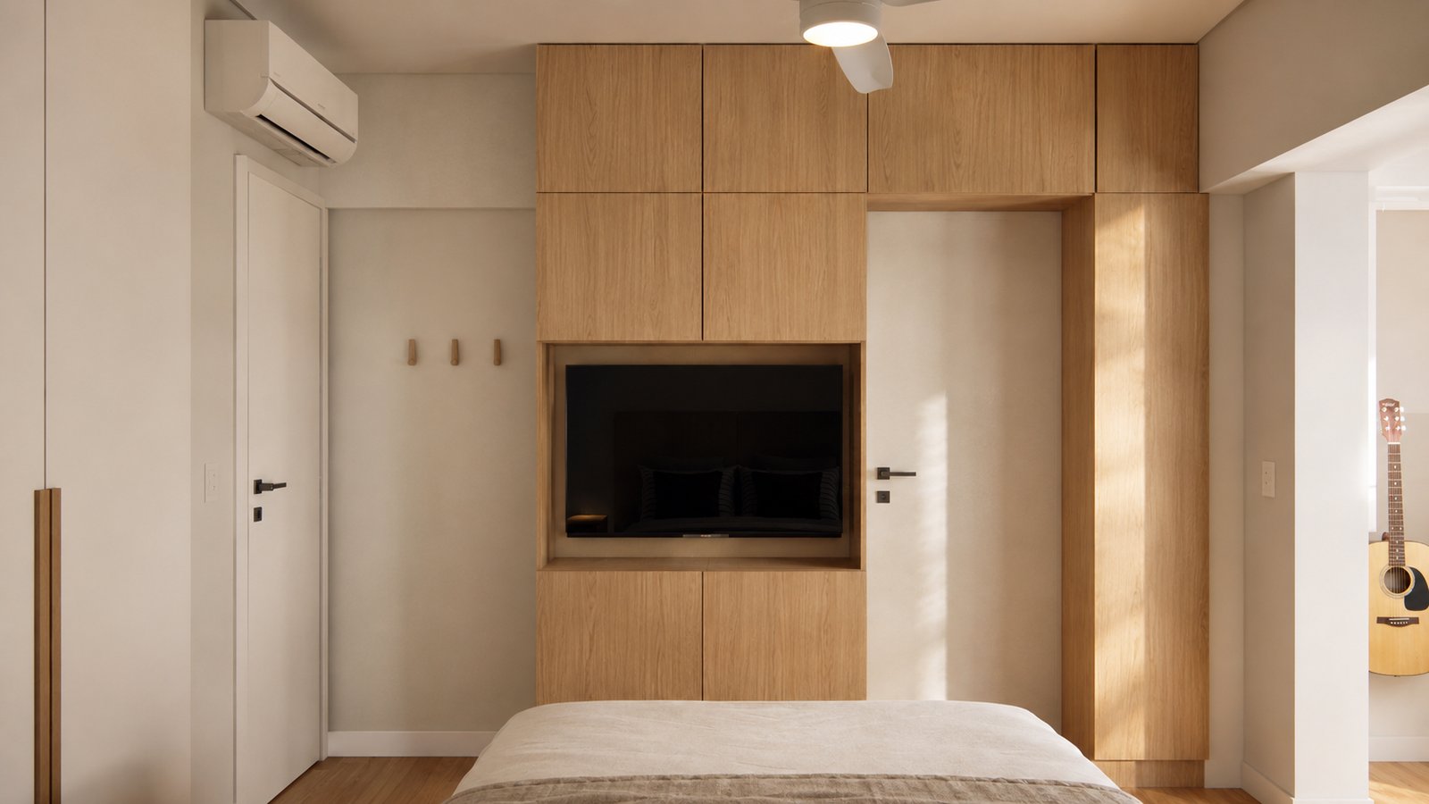 Quarto moderno com móvel de madeira integrado e TV — projeto Reforma departamento minimalista, por Mela Deco Design, em Buenos Aires