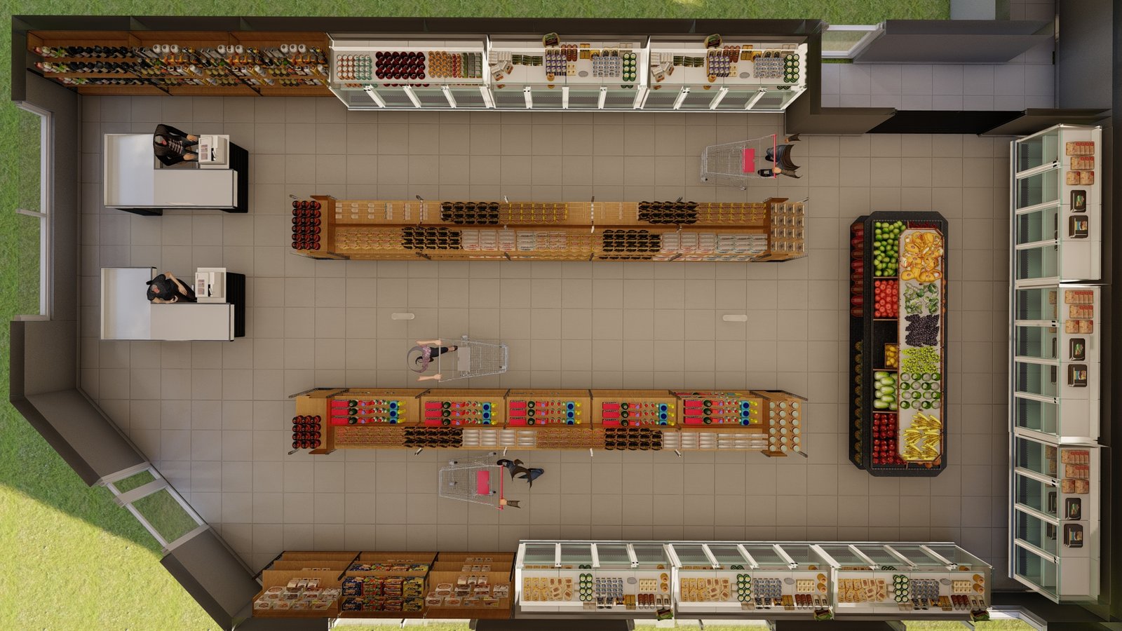Vista aérea de supermercado moderno com prateleiras e refrigeradores — projeto Ahyre Norte, por L8A | interiorismo & arquitectura, em Añelo